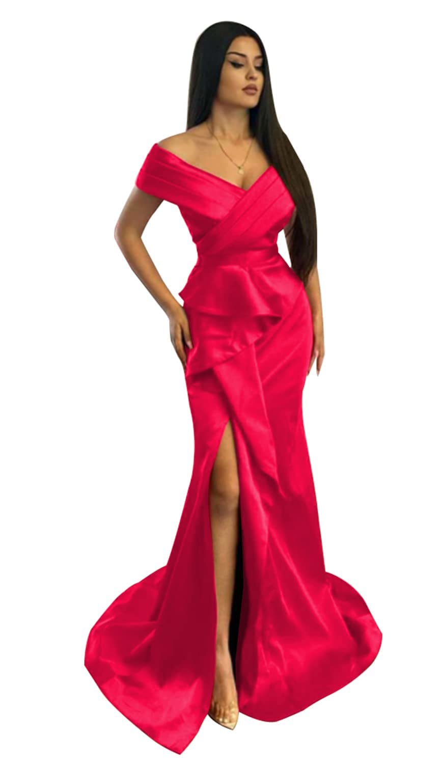 Elegant Off Shoulder Mermaid Prom Dresses for Women - Satin Pleated High Slit Long Ball Gown - Perfect for Formal Weddings, Evening Parties & Special Occasions 2024