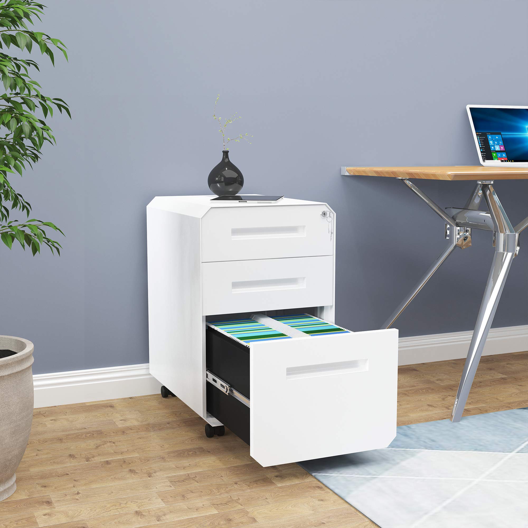 YITAHOME 3-Drawer Locking File Cabinet with Divider & Pencil Tray - Portable Metal Office Storage Cabinet for Documents, Files & Supplies - Perfect for Home Office, Workplace & School Organization (White)