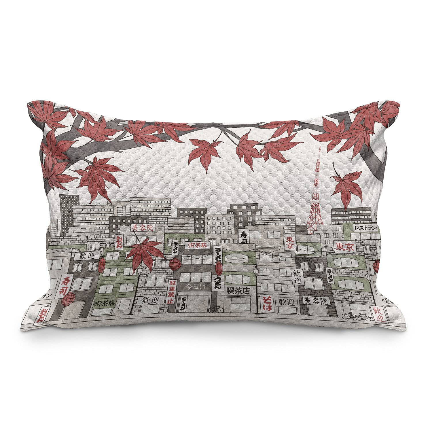 Ambesonne Tokyo Quilted Pillow Cover - Japanese Autumn Maple Tree Design, King Size Decorative Pillowcase 36