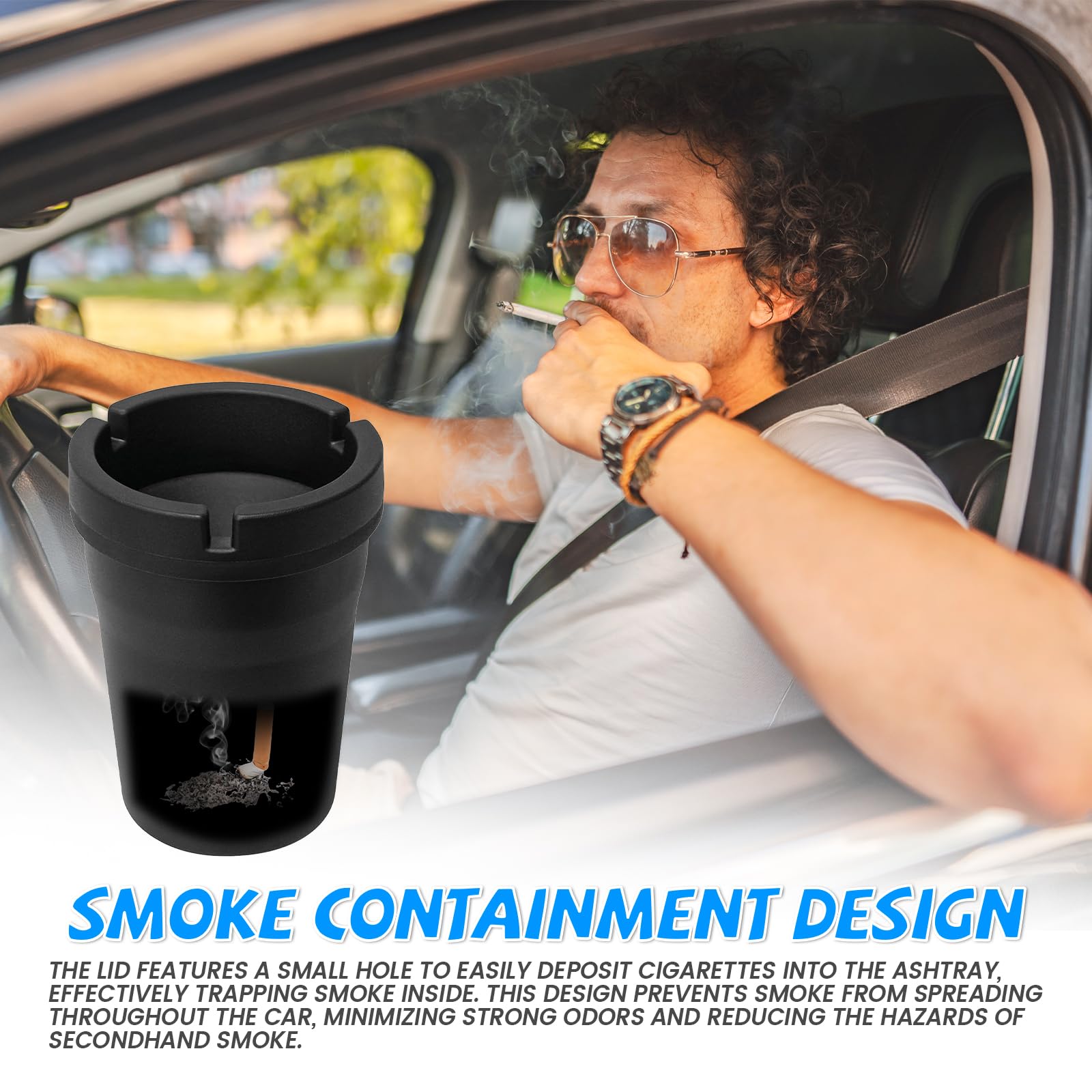 Windproof Smokeless Car Ashtray - Odor-Proof & Self-Extinguishing Mini Trash Can for Car Cup Holders | Portable Auto, Office & Home Use | Perfect for Road Trips & Smoking Areas (Black)