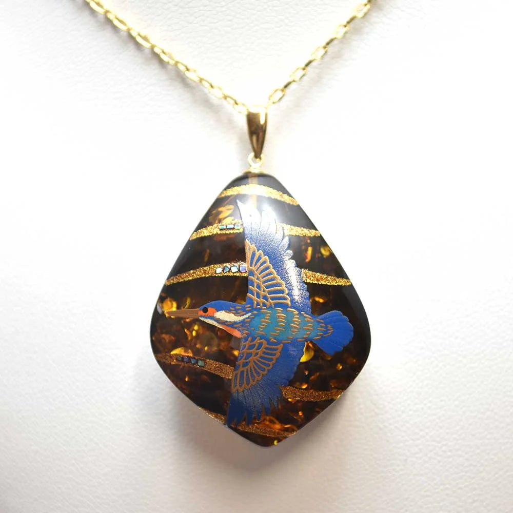 Handmade Japanese Maki-e Urushi Lacquer Pendant Necklace - Amber & Kingfisher Design, Traditional Asian Jewelry for Women | Perfect Gift for Special Occasions, Weddings & Cultural Events
