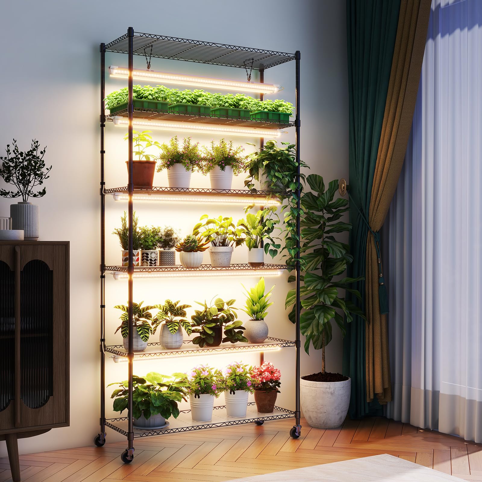 Barrina 3FT T8 Full Spectrum 150W LED Grow Light with Plant Stand - 5 Pack Indoor Plant Shelf for Multiple Plants, On/Off Timer, 6-Tier 35.4