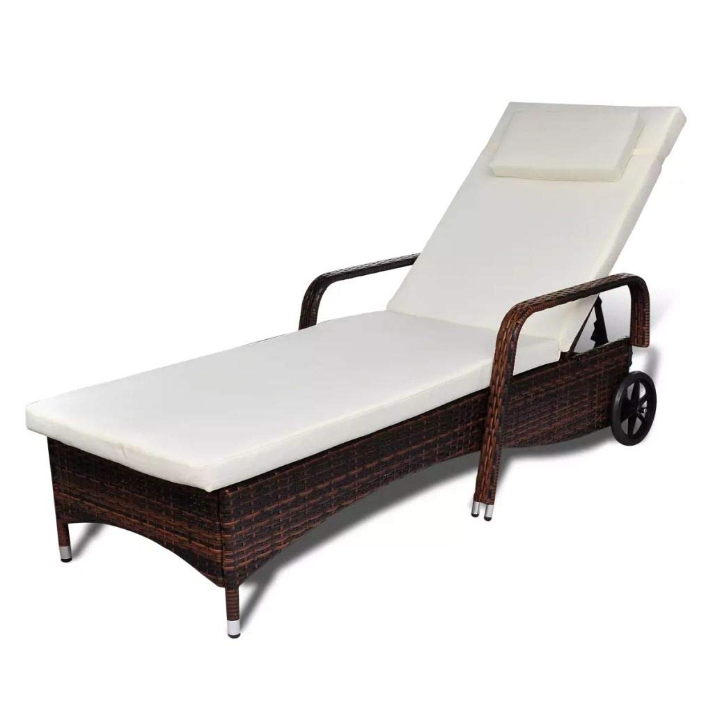 Festnight Adjustable Patio Sun Lounger with Wheels - Portable Brown Poly Rattan Chaise Lounge Chair with Cushioned Backrest - Perfect for Outdoor Garden, Backyard, Poolside & Balcony Relaxation