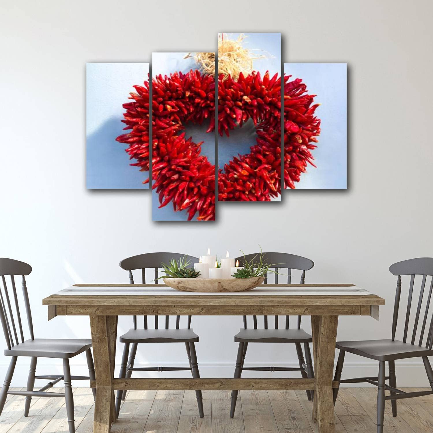 Santa Fe Style Chili Pepper Ristra Heart Shaped Wreath Wall Art - Blue Modern Canvas Painting (4 Panels) - Stretched & Framed Artwork for Living Room, Office, Home Decor - Perfect Southwestern Gift for Kitchen, Dining Room & Entryway