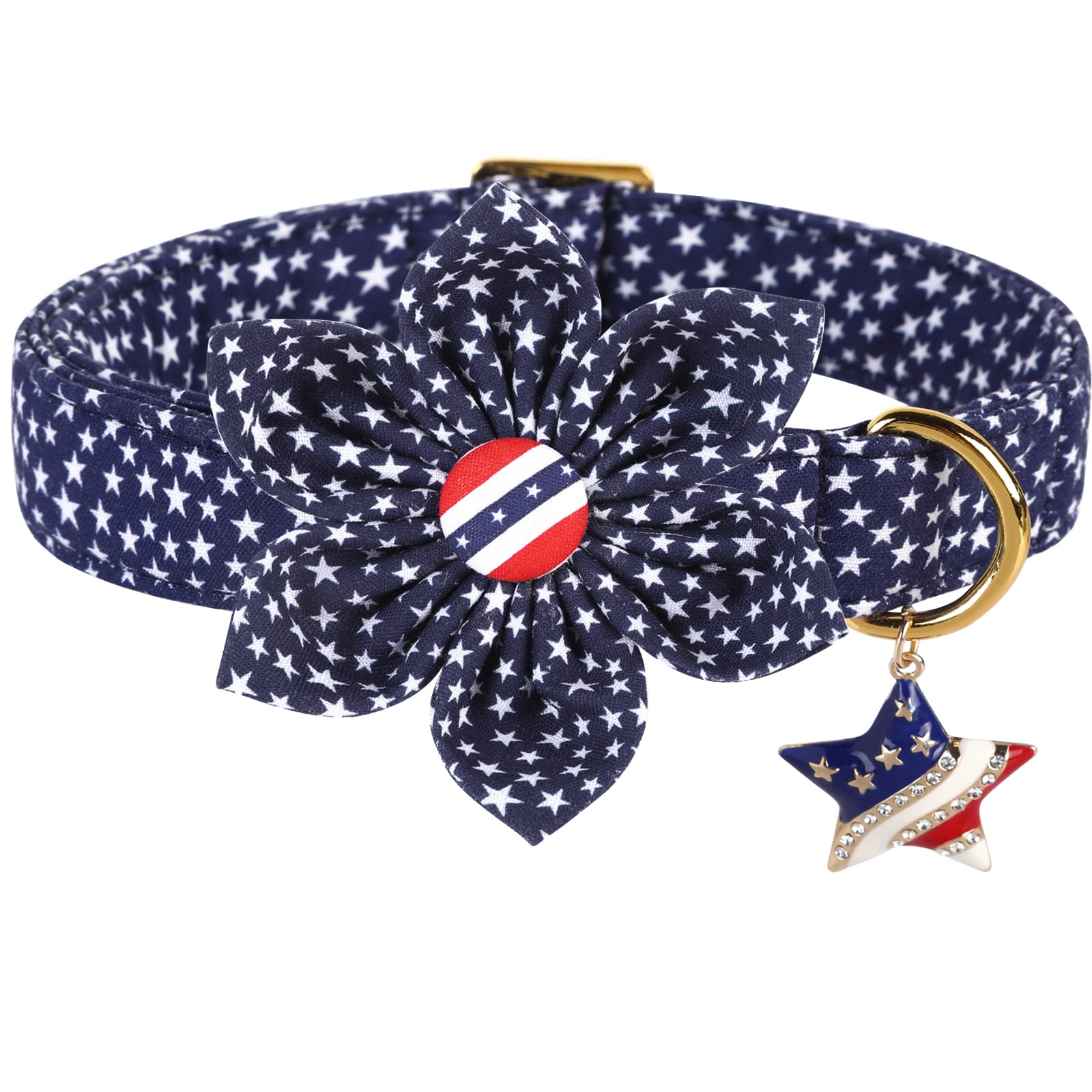 DOGWONG Patriotic American Flag Dog Collar with Flower Design - Comfortable & Durable Fourth of July, Memorial Day Pet Collar for Small, Medium & Large Dogs - Perfect for Independence Day Celebrations & Outdoor Adventures