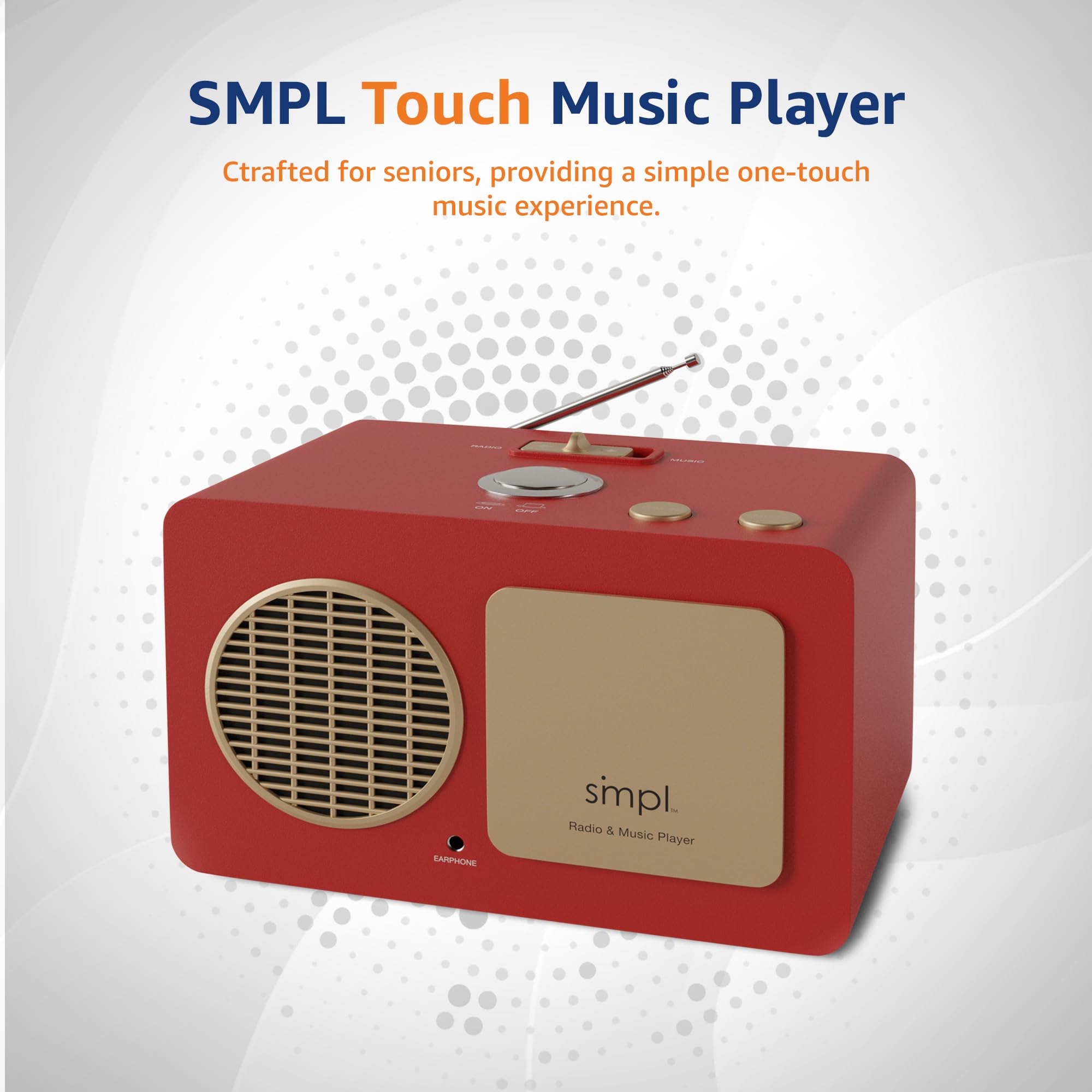 Easy One-Touch Music Player & Radio for Seniors - MP3 Player with Audiobooks, 8GB USB Preloaded with 75 Classic Songs, Durable Wooden Retro Design - Perfect for Elderly Care, Nursing Homes & Memory Therapy (Red)