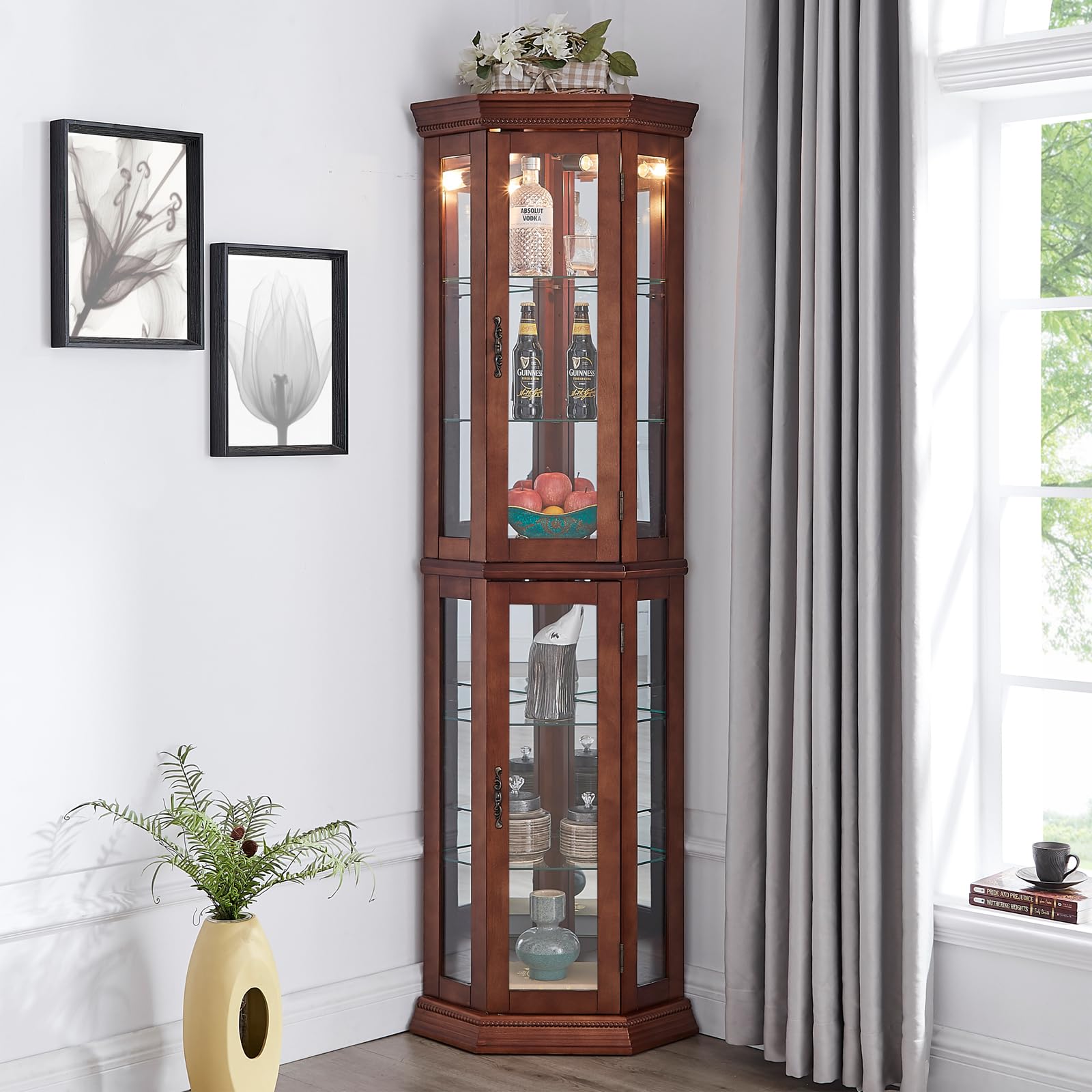 Elegant Walnut Lighted Corner Display Curio Cabinet with Tempered Glass Door & Adjustable Shelves - Perfect for Bar, Liquor Storage & Home Decor Showcase | Ideal for Living Room, Dining Area & Office Display