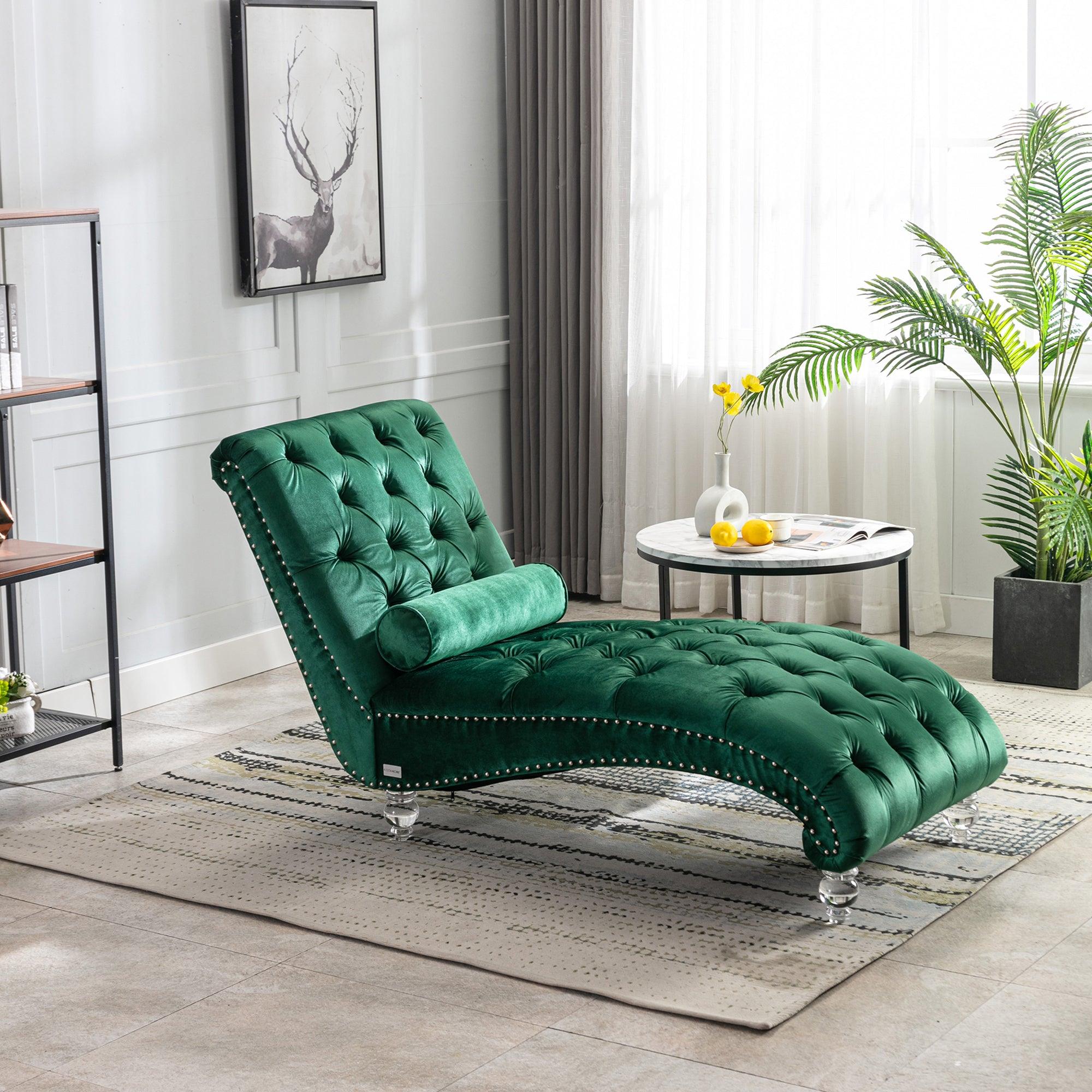 Luxury Velvet Chaise Lounge Chair - Button Tufted Upholstered Sofa with Pillow for Bedroom, Living Room & Office | Emerald Green Velvet Fabric | Perfect for Reading Nook, Lounge Area & Home Decor