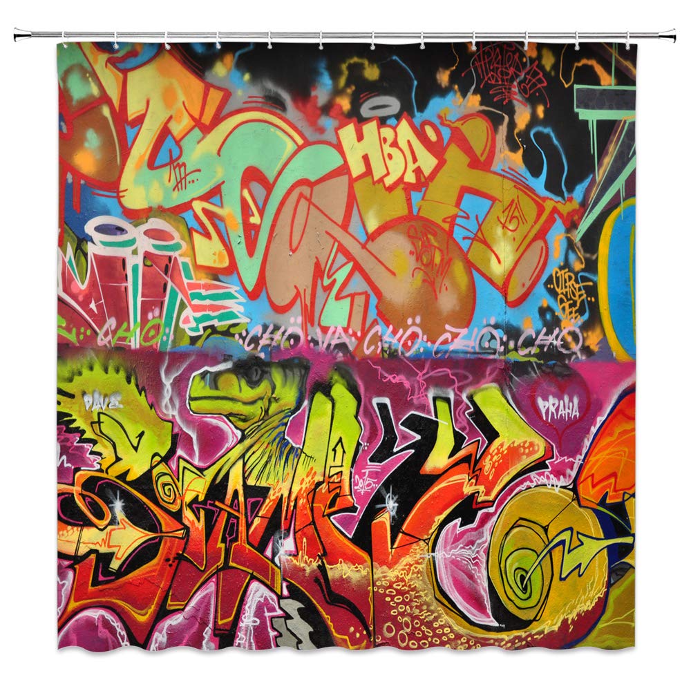 Colorful Graffiti Shower Curtain - Abstract Watercolor Urban Street Art with Rustic Spray Paint Design for Kids & Boys Bathroom Decor - Waterproof Fabric Bath Curtain with Hooks - Perfect for Hip Hop Themed Bathrooms, Teen Bedrooms, and Urban Style Home Decor