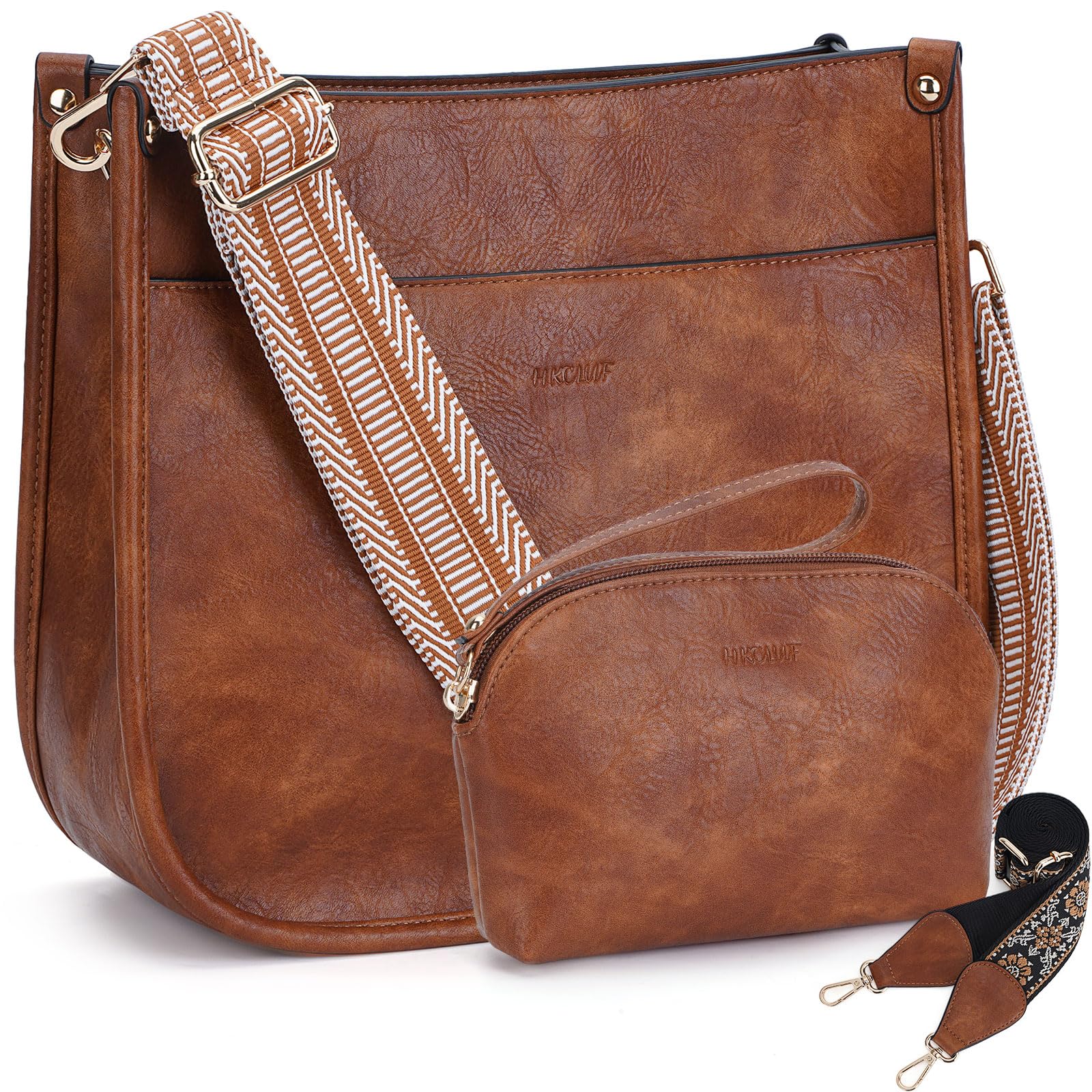 HKCLUF Women's Leather Crossbody Bag & Wallet Set - 2PCS Adjustable Guitar Strap Shoulder Purse for Daily Use, Travel & Shopping
