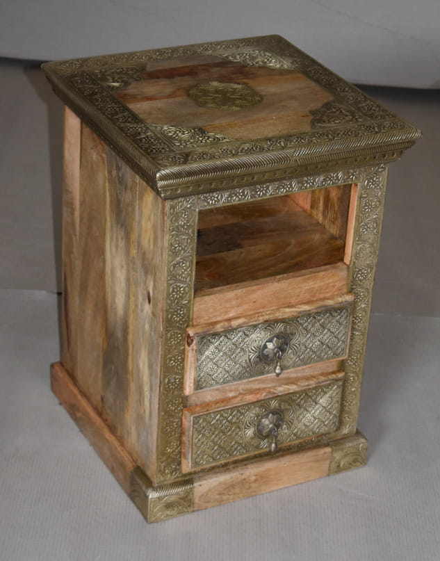 Handcrafted Indian Wooden Stool with 2 Drawers - Embossed Brass Work Traditional Furniture for Living Room, Bedroom & Entryway Decor