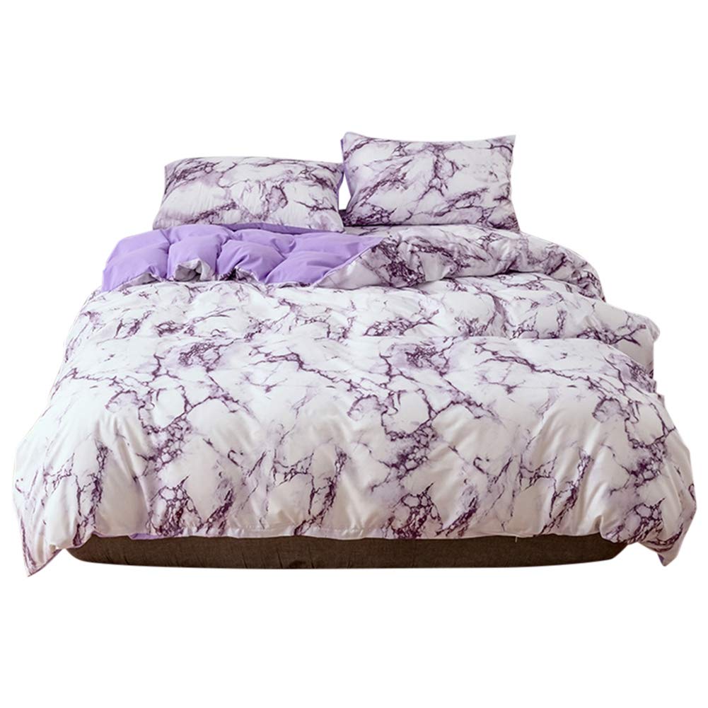 Marbled Print Bedding Set 3Pcs - Purple Polyester Quilt Cover & Pillowcases, Soft & Breathable Bed Sheet Set for Queen/King Size - Perfect for Modern Bedroom, Guest Room, or Dorm Decor
