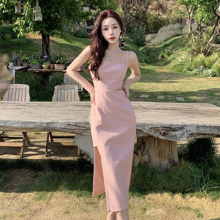 French Style Slit Pink Spaghetti Strap Dress - 2023 Summer Sexy Women's Dress - Perfect for Date Night, Beach Vacation & Cocktail Parties
