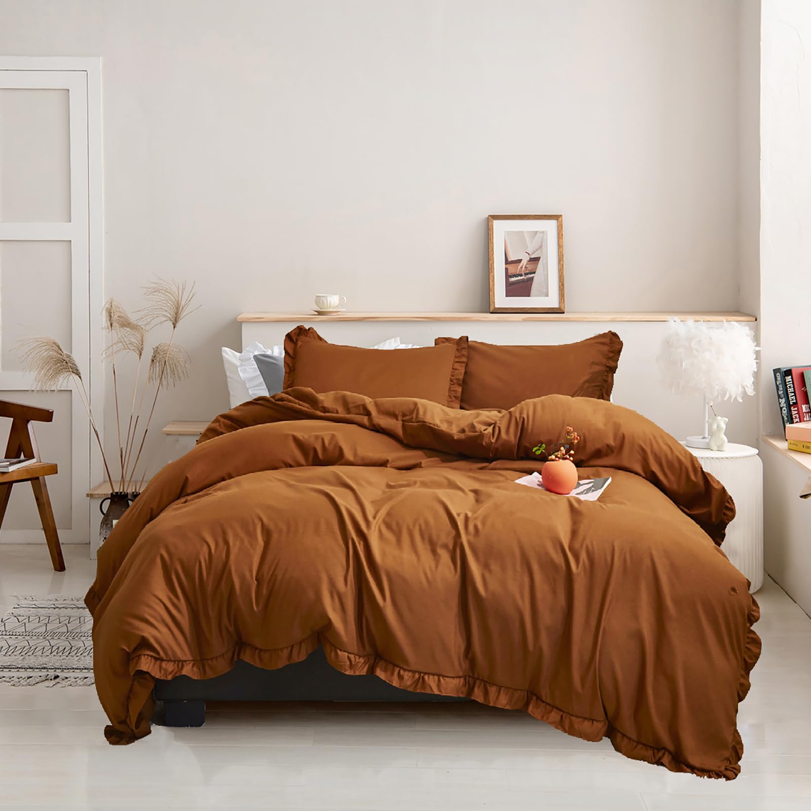 Luxlovery King Size Pumpkin Comforter Set - Farmhouse Rust Terracotta Bedding, Shabby Chic Boho Cotton Blanket & Quilt, Vintage Rustic Fall Bedspread for Autumn Home Decor | Perfect for Cozy Bedrooms, Guest Rooms & Seasonal Styling