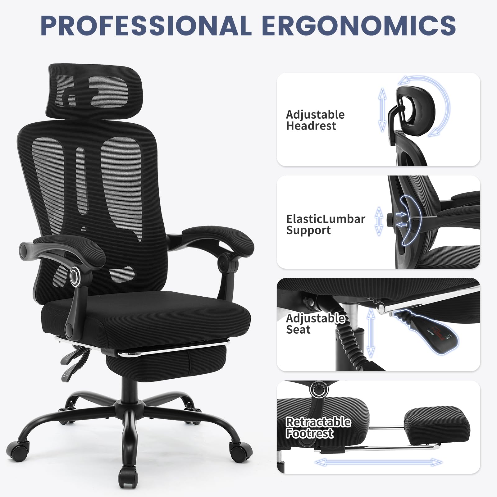 Ergonomic Office Chair with Adjustable Lumbar Support & Footrest - High Back Mesh Computer Chair with Headrest, 360° Swivel Executive Task Chair (Black) - Perfect for Home Office, Gaming & Workspaces