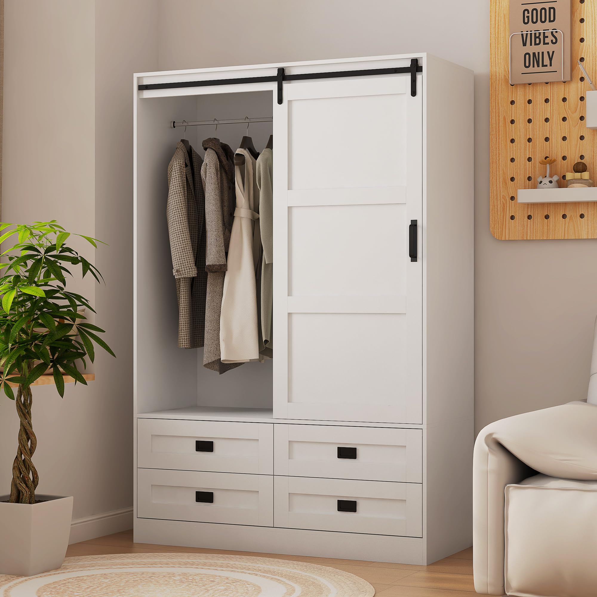 Tall Armoire Wardrobe Closet for Bedroom - Freestanding Wooden Clothing Storage Cabinet with Hanging Rod, Barn Doors, Drawers & Open Shelves - White (Style 1) - Perfect for Master Bedroom, Guest Room or Walk-in Closet Organization