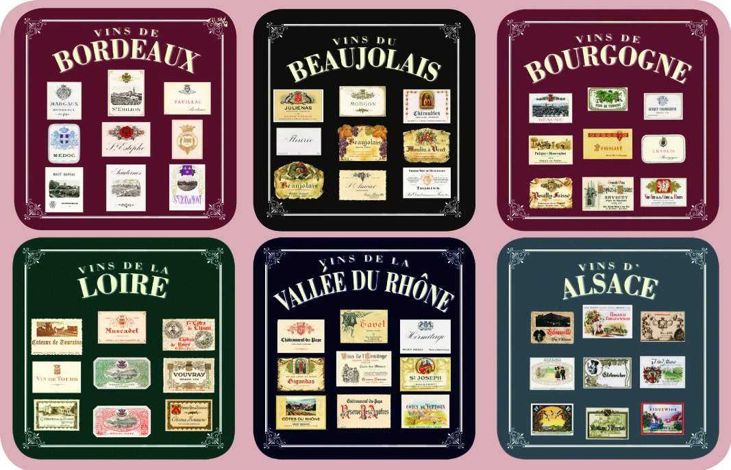 Set of 6 Elegant French Wine Coasters - Absorbent Cork Backing for Wine Bottles & Glasses - Perfect for Dinner Parties, Home Bars & Gift Giving