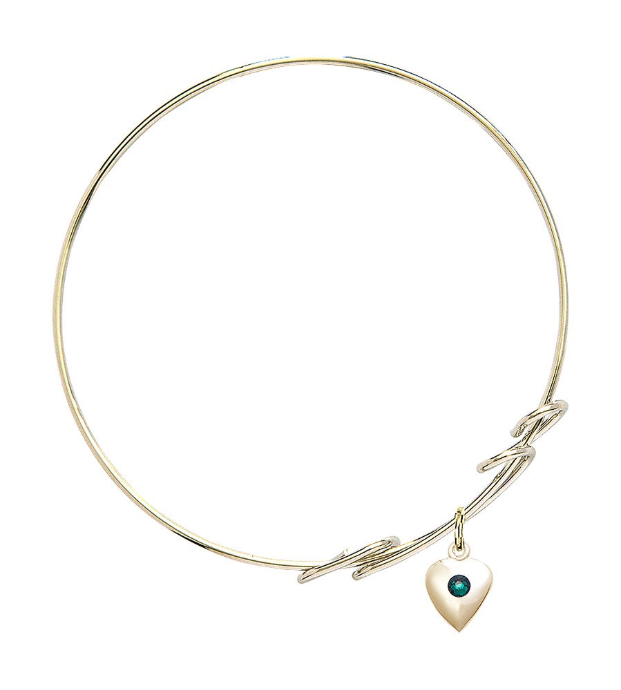 8 Inch Round Double Loop Bangle Bracelet with Heart Medal Charm & May Green Crystal - Elegant Jewelry for Women, Perfect for Parties, Weddings & Everyday Wear