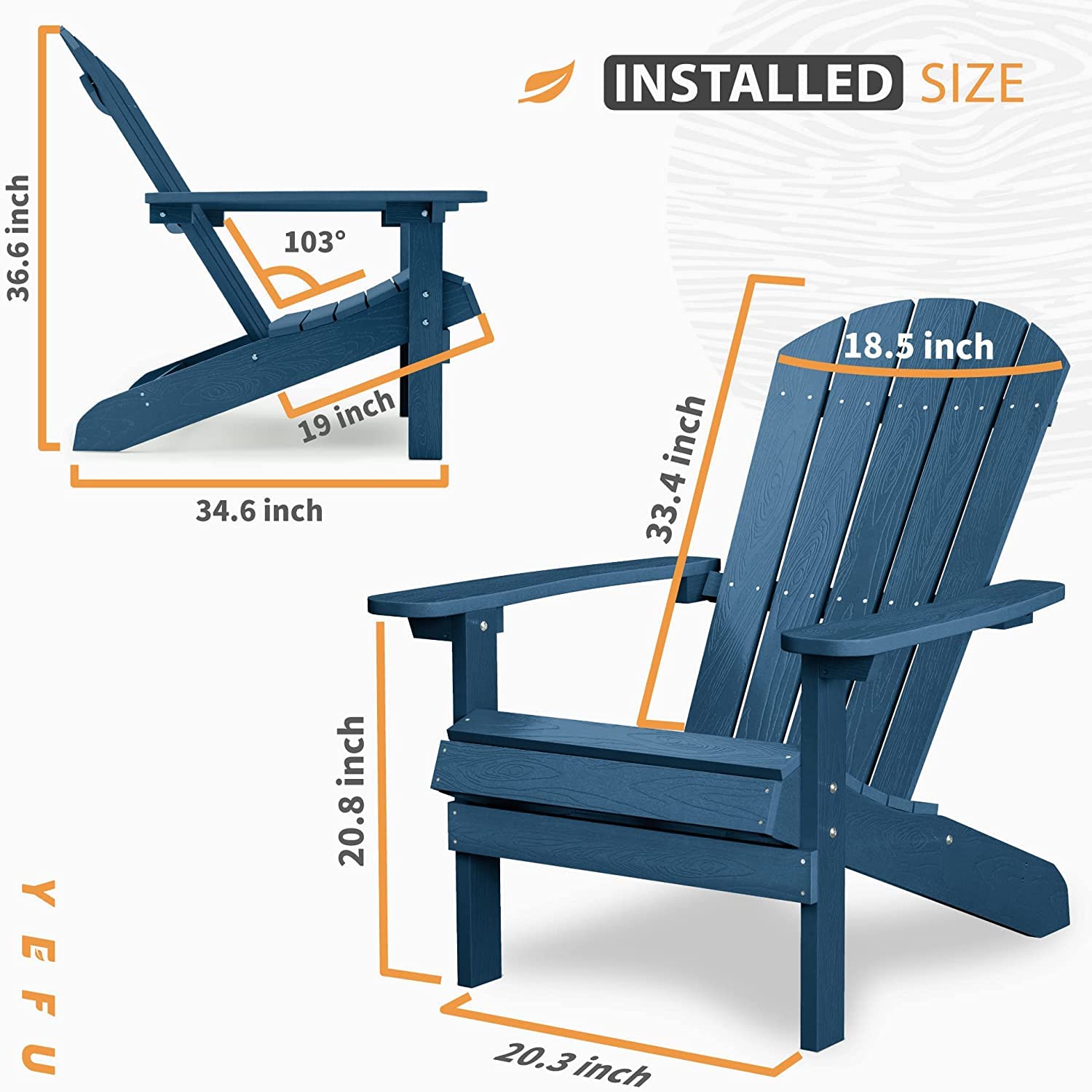 Weather-Resistant YEFU Adirondack Chair - Outdoor HIPS Plastic Patio Chair with Wood Texture - Durable Lawn, Fire Pit, Deck & Garden Furniture for Adults (Navy Blue) - Perfect for Backyard Relaxation & Outdoor Entertaining