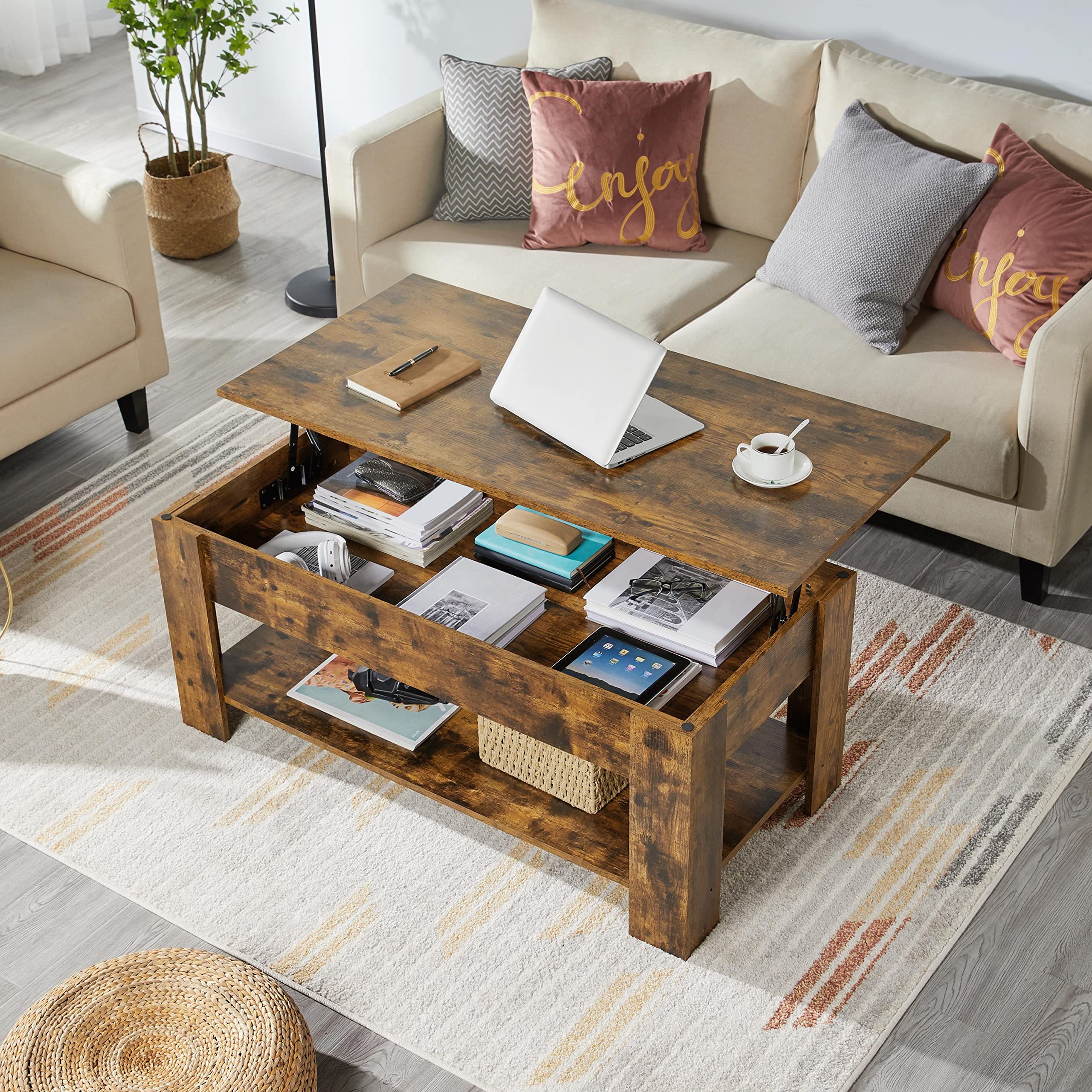 Topeakmart Lift Top Coffee Table with Hidden Storage Compartment & Adjustable Tabletop - Rustic Brown 47.5