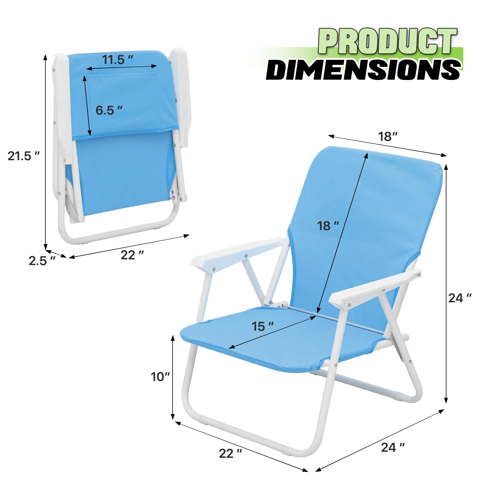 Magshion 2-Pack Folding Low Beach Chairs for Adults - Portable Lightweight Lawn Chairs with Back Pocket & Hard Armrest - Supports 250 lbs - Perfect for Camping, Fishing, Poolside, Patio, Backyard & Outdoor Relaxation (Blue)