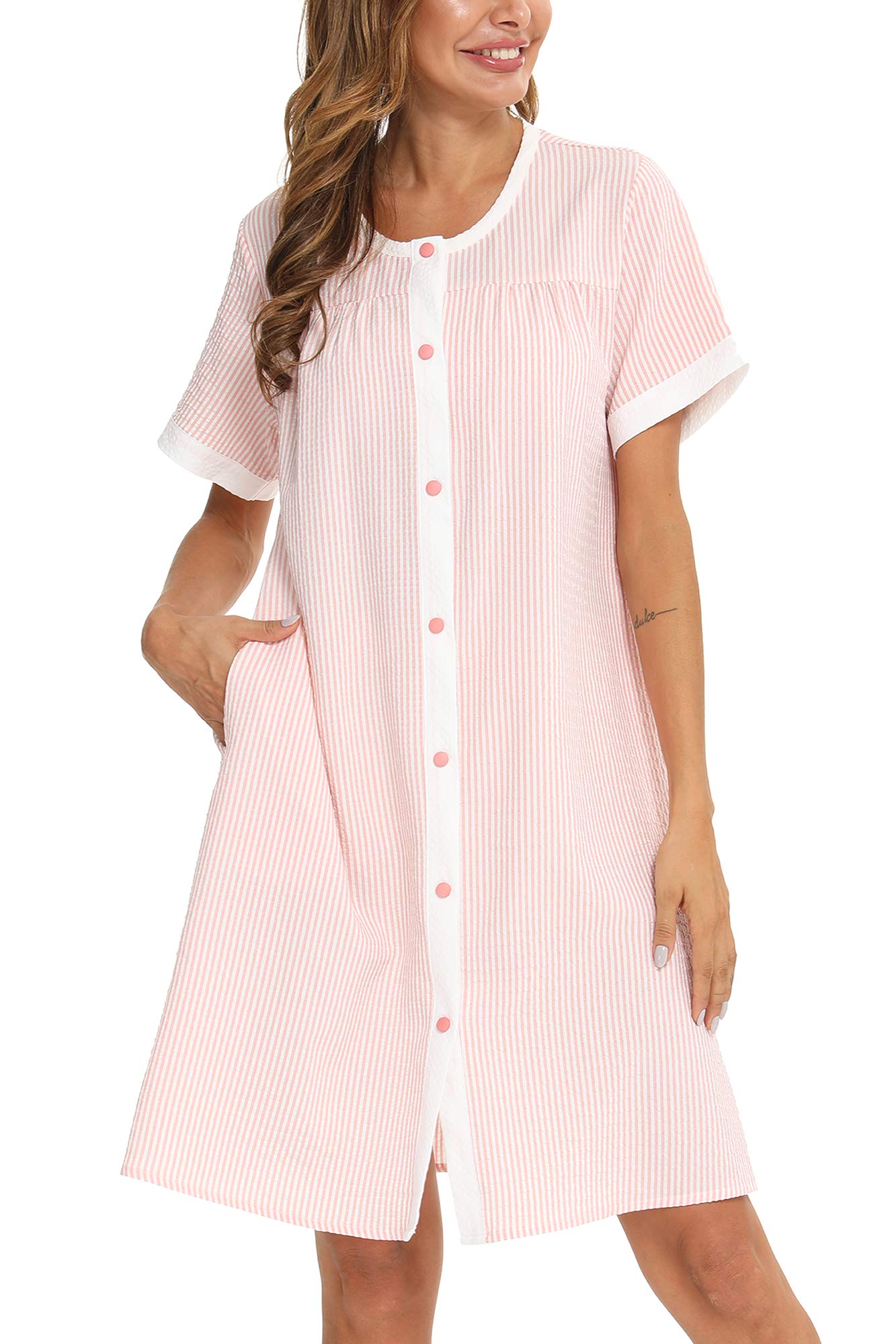 YOZLY Women's Short Sleeve House Dress with Pockets - Comfortable Cotton Duster Robe & Nightgown for Lounge, Sleepwear and Relaxing at Home
