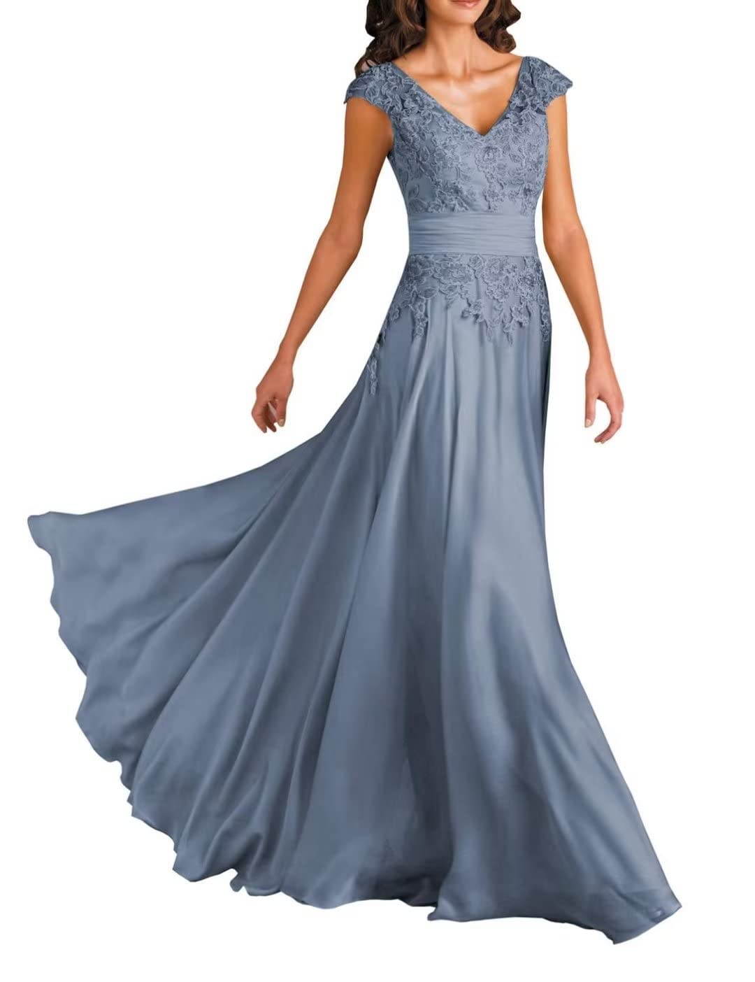 Elegant Short Sleeve Lace V-Neck Chiffon Mother of The Bride Dress - Formal Wedding Guest Evening Gown for Special Occasions & Parties (Style GQ15)