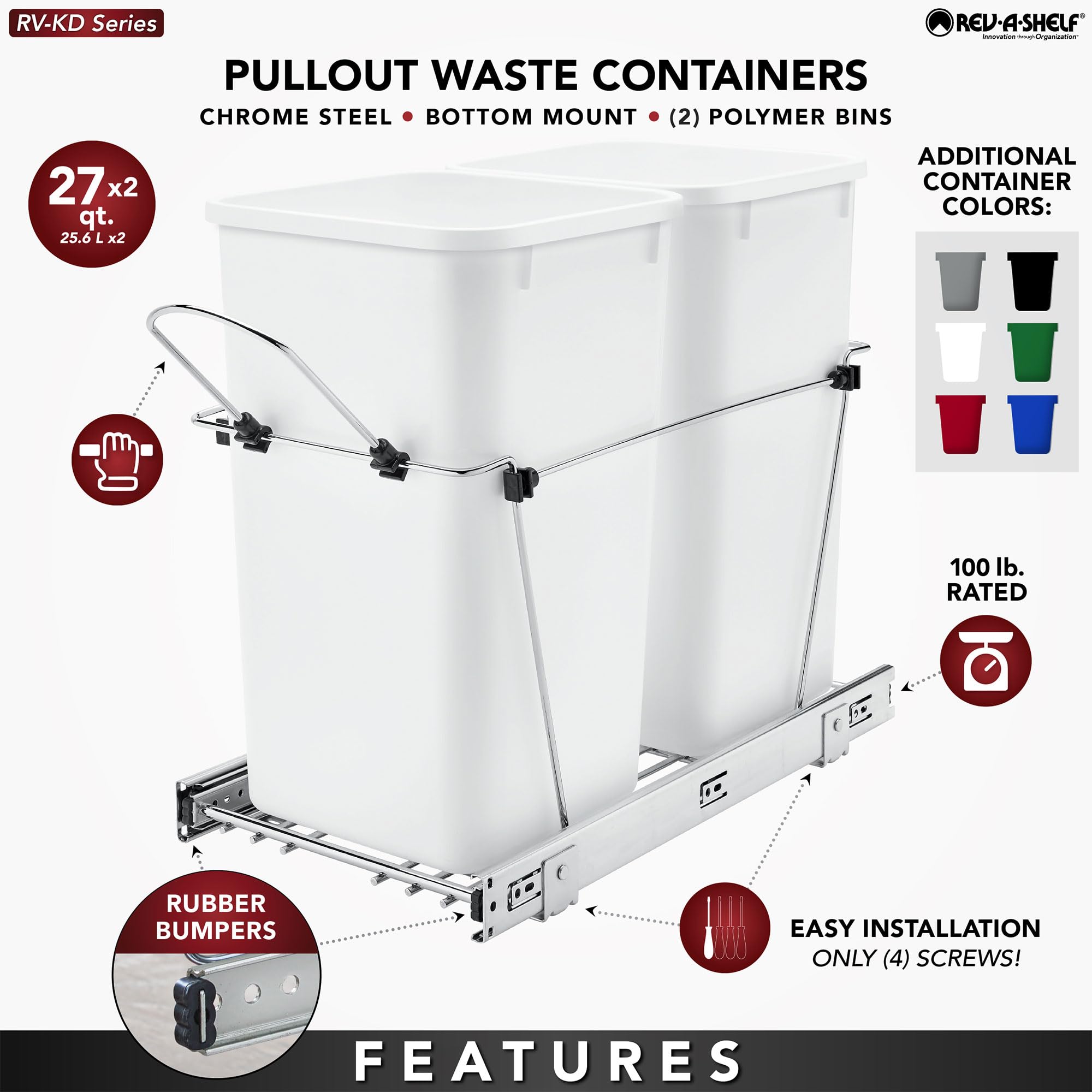 Rev-A-Shelf 27 Qt Pull-Out Trash Can for Kitchen Cabinets - Under Cabinet Garbage & Recycling Bin with Full Extension Slides (Red/Black, RV-15KD-1618C-S) - Perfect for Small Kitchens, RVs & Home Organization