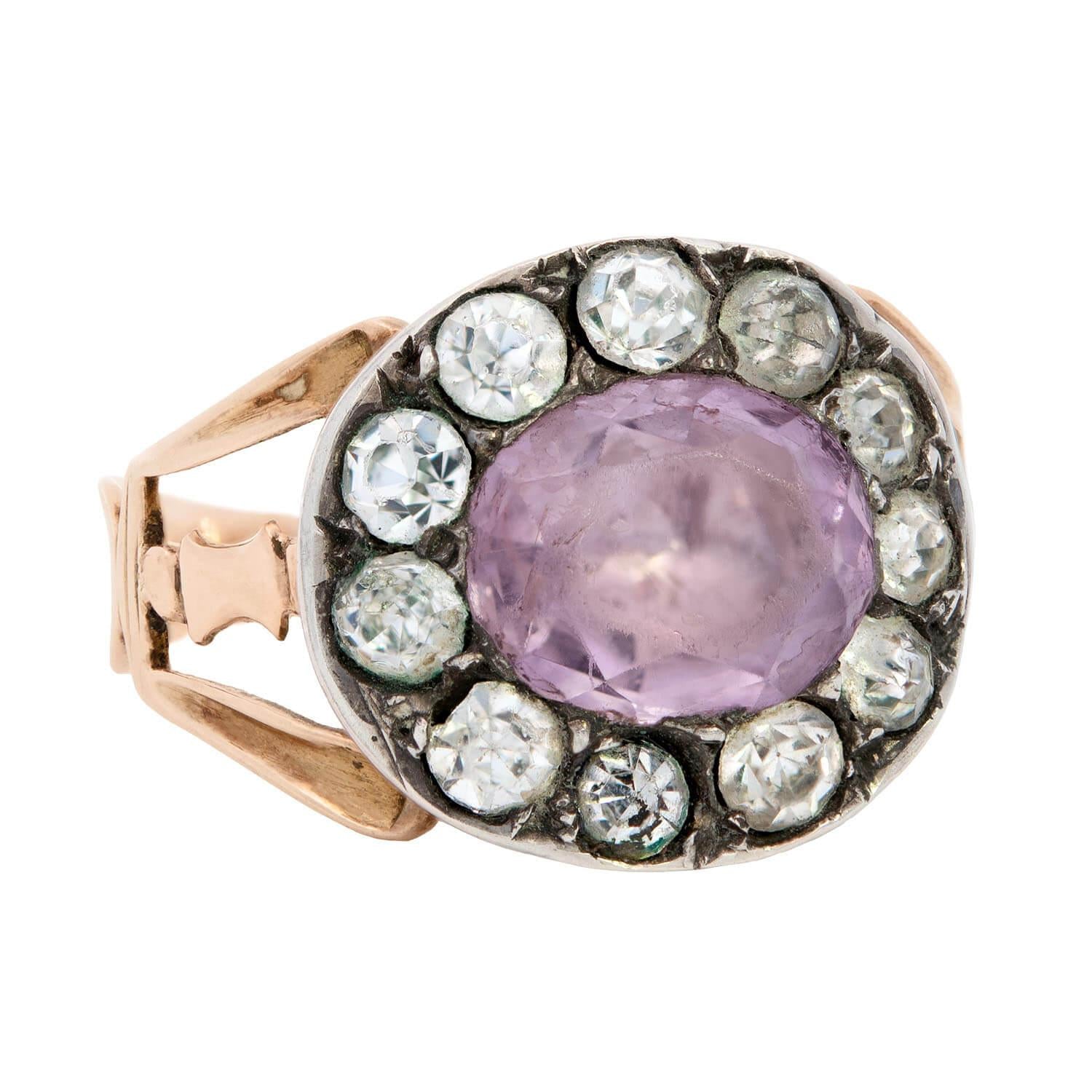 12k Gold Georgian Style Pink Amethyst and White Paste Halo Ring - Vintage Inspired Jewelry for Weddings, Anniversaries & Special Occasions
