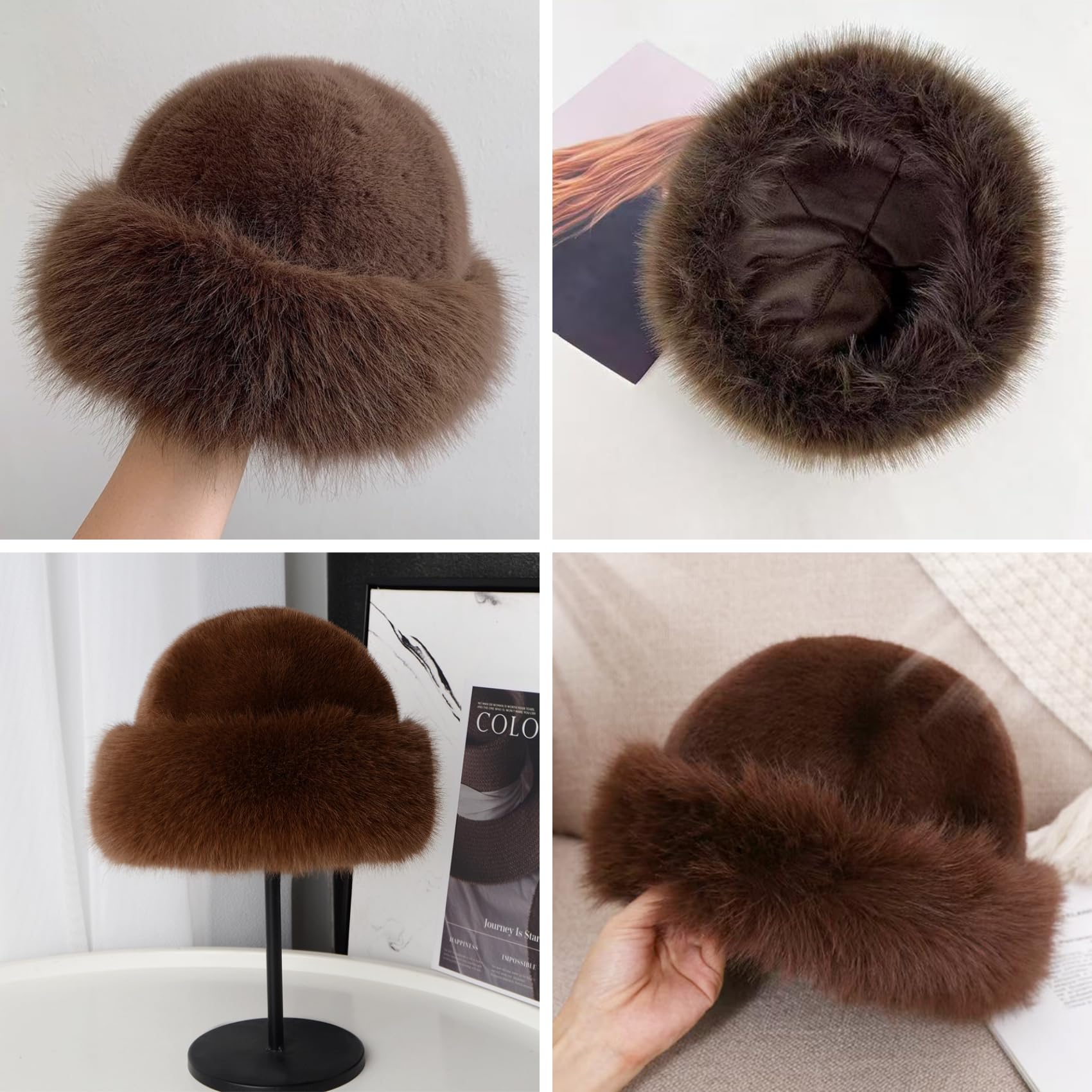 ZGMYC Women's Faux Fur Trimmed Beanie Hat - Russian Style Winter Bucket Hat with Furry Lining for Skiing & Snow Activities - Warm Fleece Lined Snow Hat for Women & Girls - Perfect for Ski Trips, Snowboarding & Cold Weather Fashion