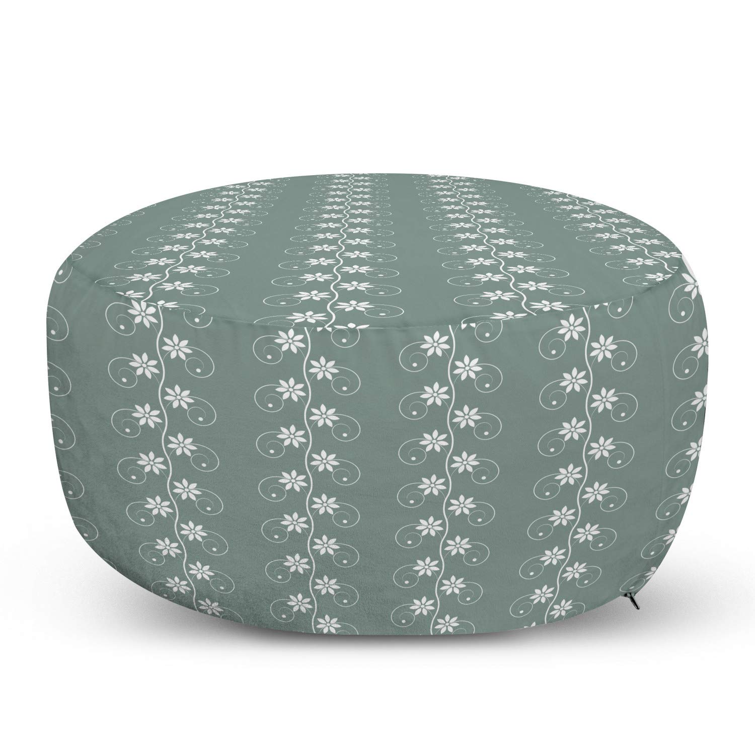 Ambesonne Spring Ottoman Pouf - Vintage Floral Rococo Lace Pattern Foot Rest with Removable Cover - Sage Green & White - Perfect for Living Room, Bedroom, Nursery Decor and Cozy Seating
