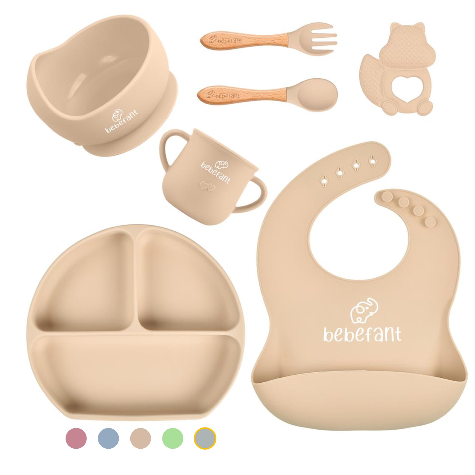 Bebefant™ Baby Weaning Set - Suction Bowl, Plate, Cup & Adjustable Bib with Pocket | Bamboo Fork & Spoon for Baby-Led Weaning | Neutral Light Brown Feeding Essentials | Perfect for Home, Travel & Daycare Use