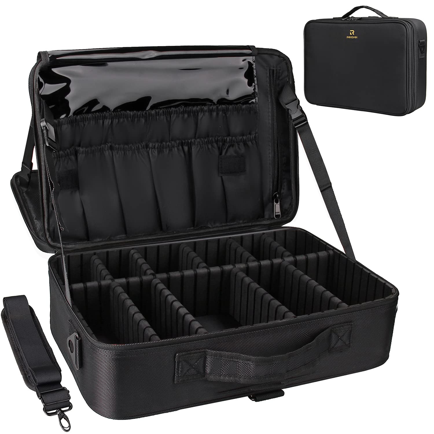 Relavel Large Professional Makeup Train Case - 16.5 Inch Waterproof Cosmetic Organizer with Adjustable Strap, 3-Layer Brush Holder & Storage Box for Travel, Makeup Artists & Beauty Enthusiasts | Perfect for Salon, Home Use & On-The-Go Touchups