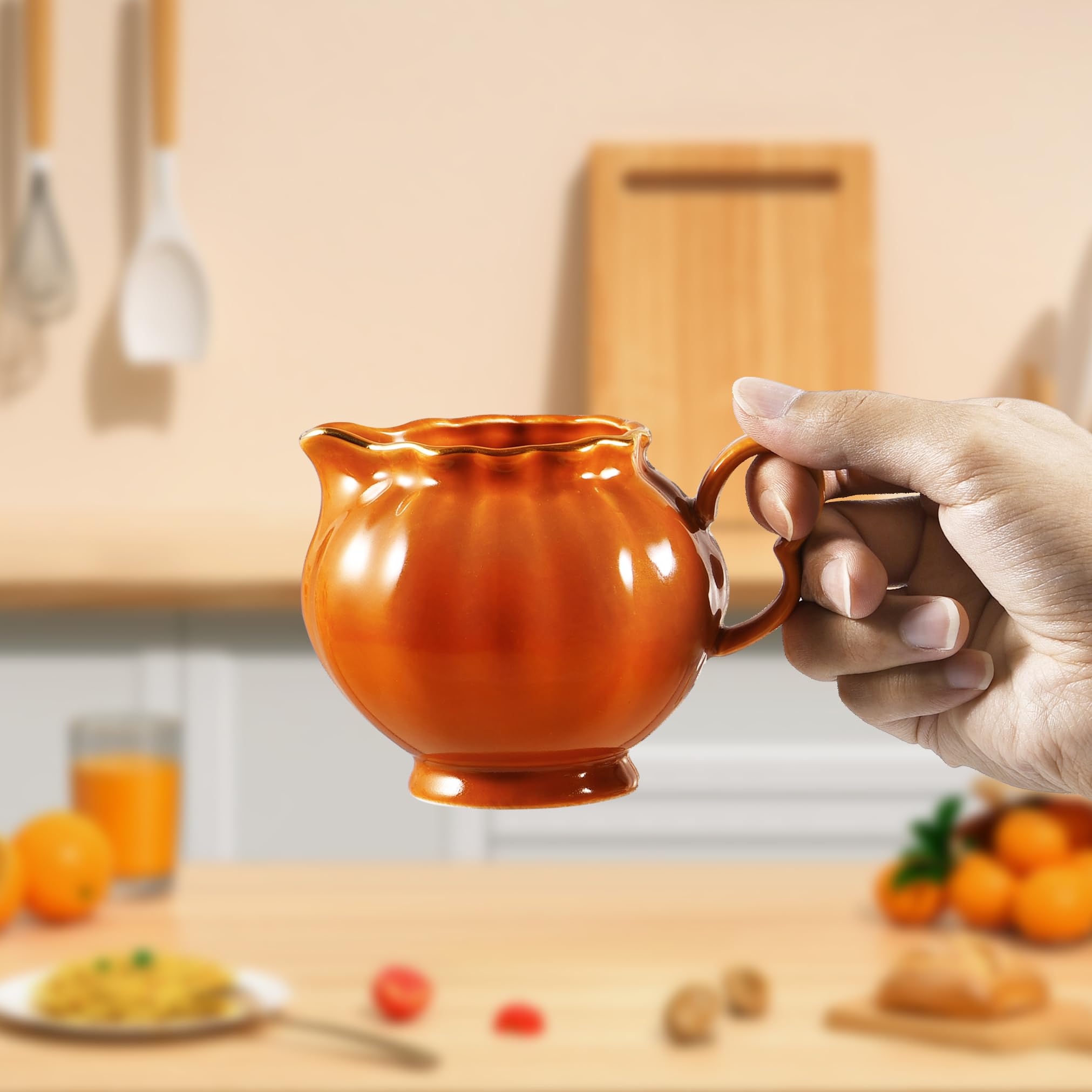 Porcelain Coffee Creamer Pitcher with Handle - 8oz Small Milk Jug for Home, Bar & Restaurant Use - Pearl Coated Orange Design - Perfect for Coffee Shops, Breakfast Tables & Kitchen Countertops