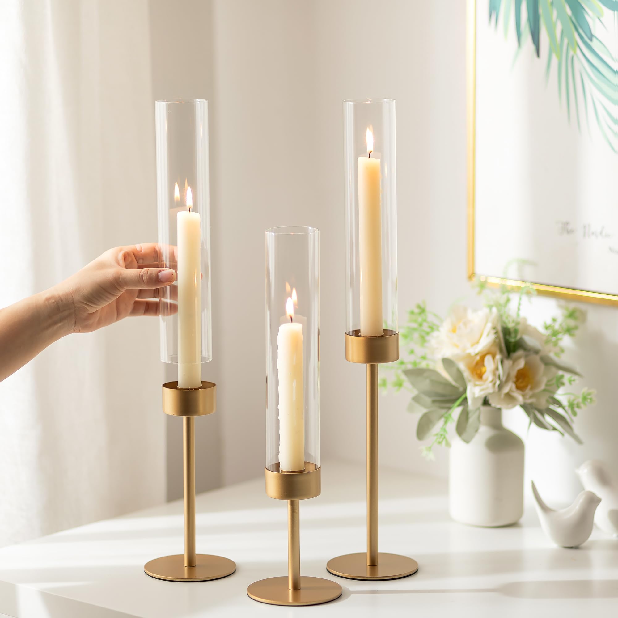 18-Piece Gold Glass Hurricane Candle Holders - Tall Clear Cylinder Taper Candle Holders Bulk Set for Wedding Centerpiece, Party Decor, Christmas & Home Decoration - Perfect for Dining Table, Fireplace Mantel, and Holiday Displays