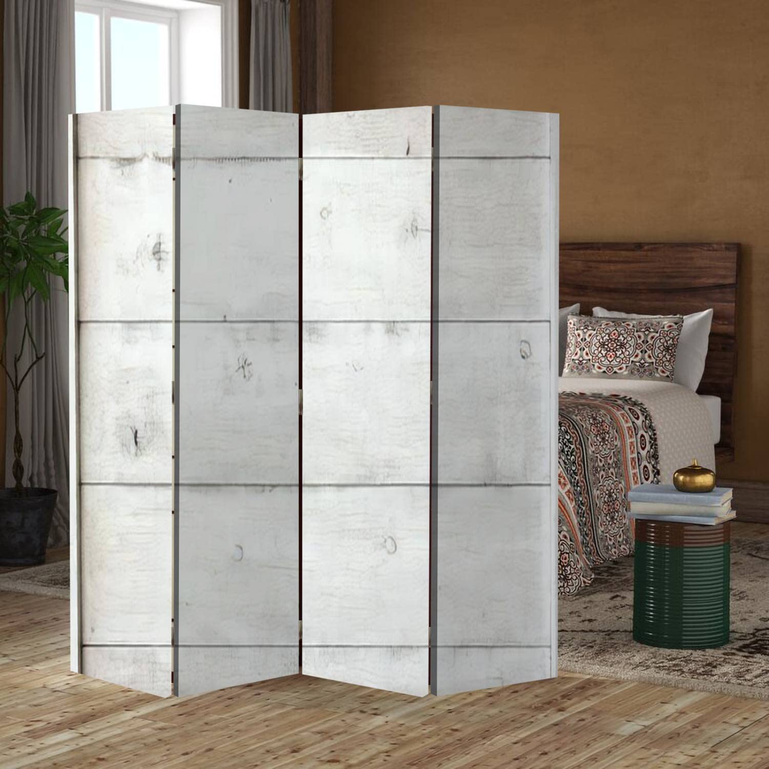 White Wood Screen Room Divider - 4 Panel Folding Privacy Partition with Dual-Sided Design | Blank Signboard & Bulletin Board | Indoor Display Shelves for Home Office, Bedroom, and Studio Decor