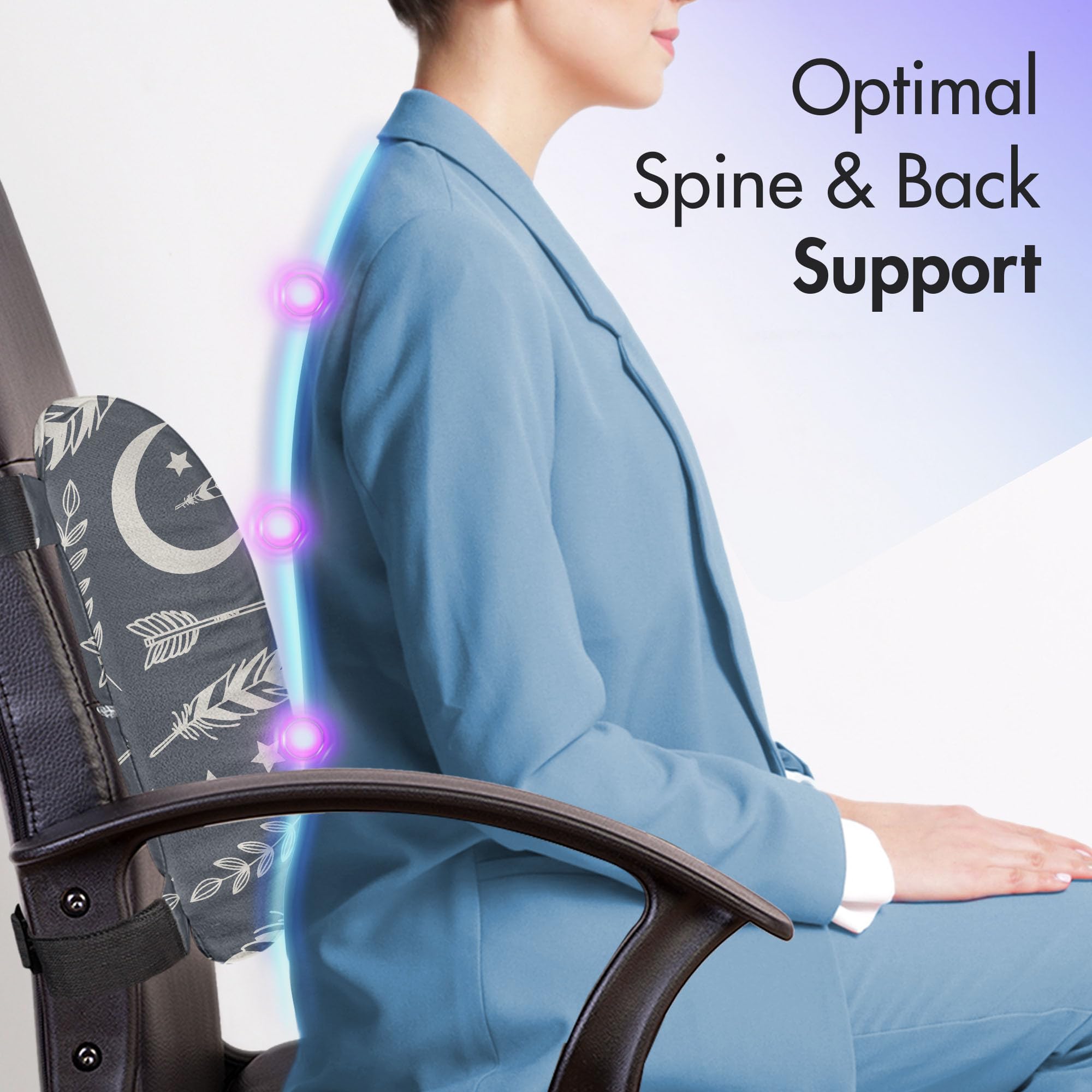 Ambesonne Modern Lumbar Support Pillow for Office & Car - High Density Foam Back Cushion with Arrow Star Moon Leaf Silhouette Design, 14x13 Inches, Blue Grey - Ergonomic Comfort for Desk Chairs, Gaming Seats & Long Drives