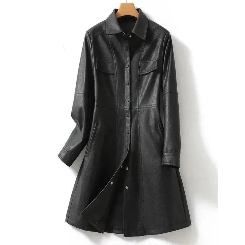 Stylish Women's Leather Midi Coat - Fashionable Outerwear for Fall & Winter - Perfect for Office, Date Night & Casual Outings