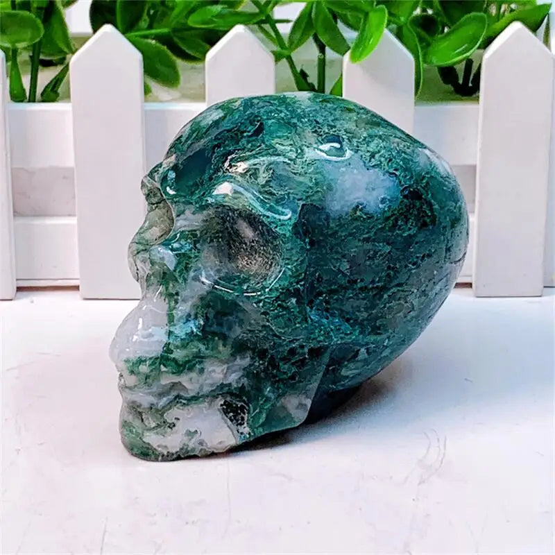 9CM Natural Moss Agate Skull Crystal Carving - Healing Energy Stone for Meditation, Halloween Gifts & Home Decor (1PC) | Perfect for Spiritual Healing, Yoga Spaces & Gothic Decorations