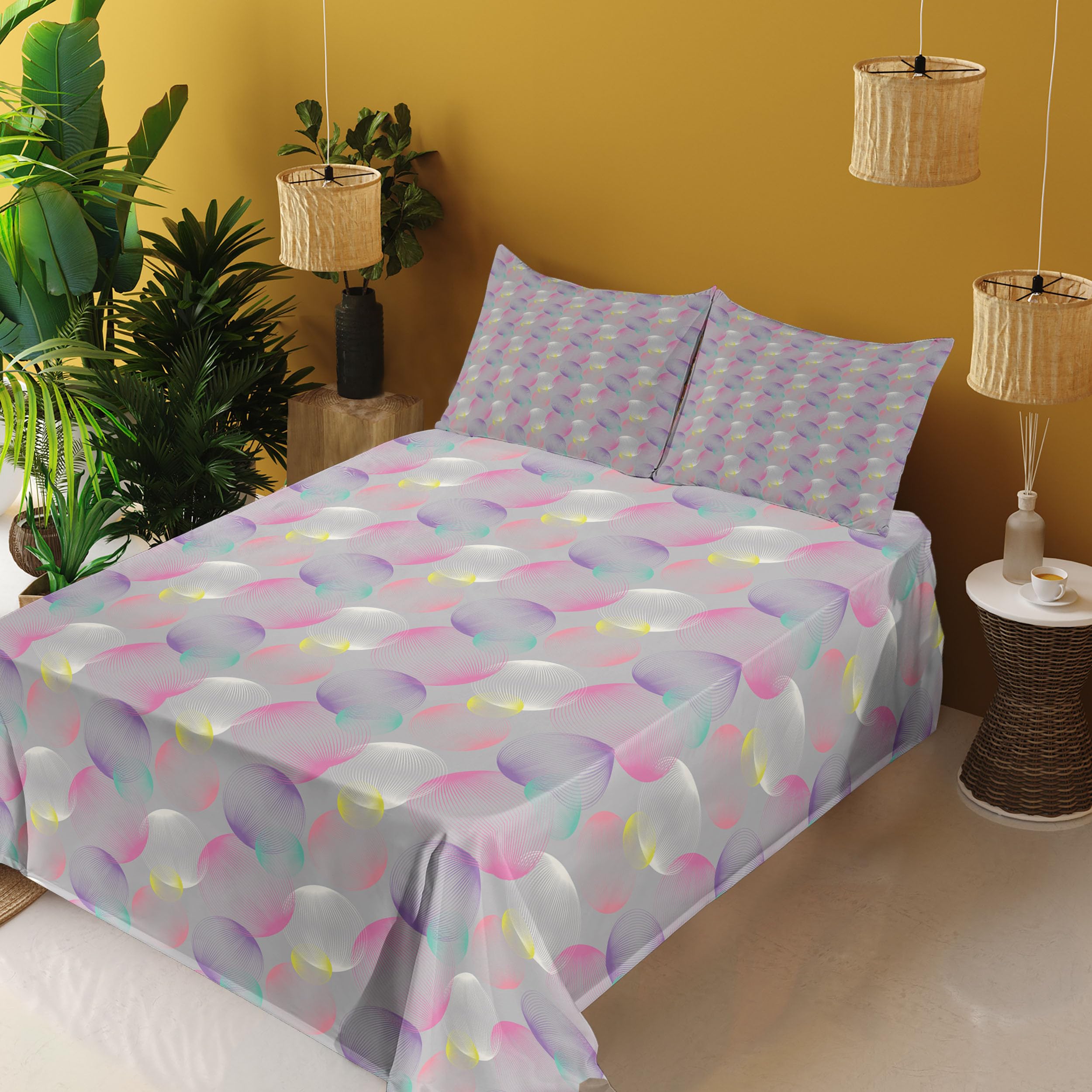 Ambesonne Abstract Sheet Set - Modern Striped Circles & Bubbles Design, 4-Piece Queen Size Bedding Set with Fitted Sheet, Flat Sheet & Pillowcases in Earth Yellow | Perfect for Contemporary Bedrooms, Guest Rooms & Dorm Decor