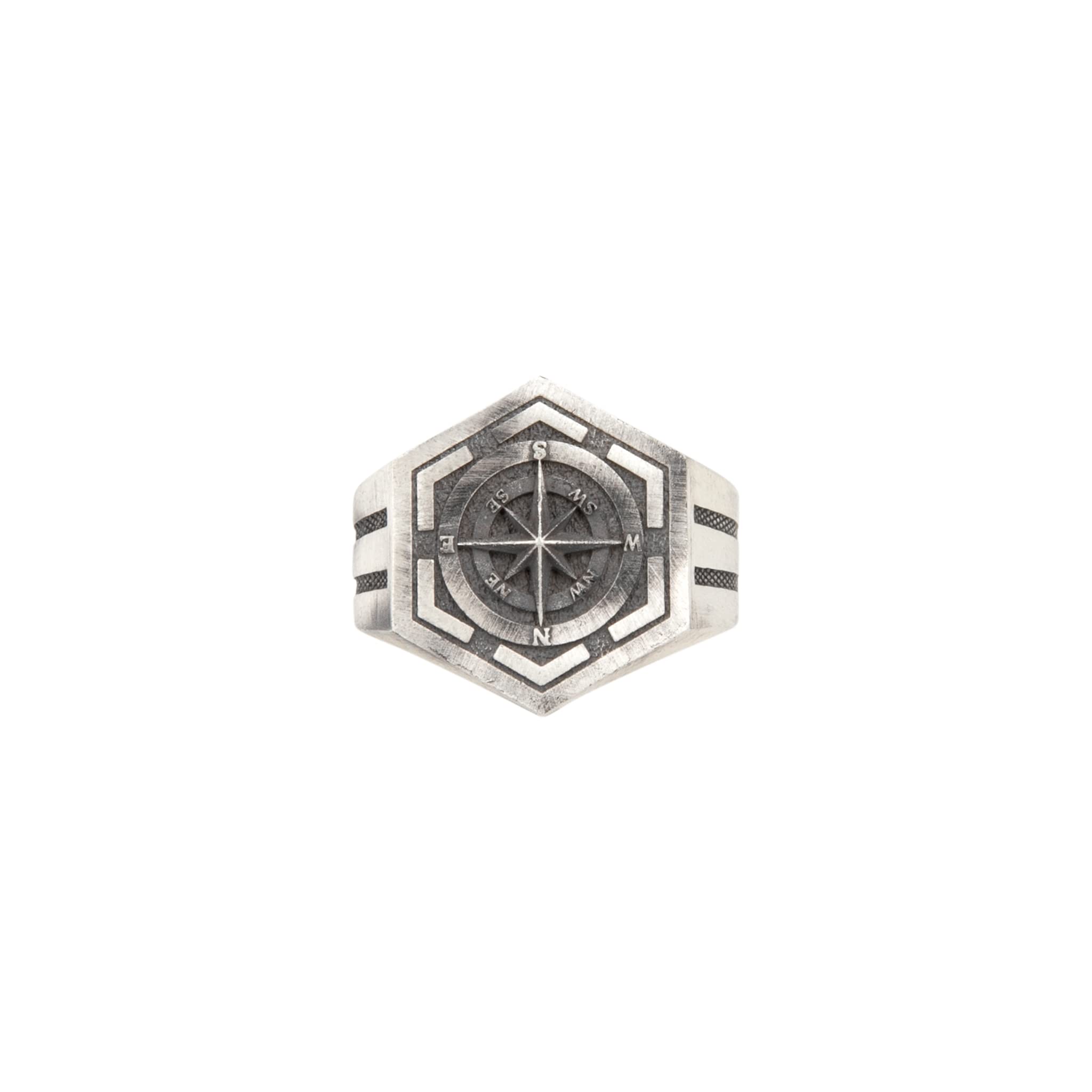 **AllegroGold Compass Sterling Silver Men's Signet Ring - Engraved Traveler Jewelry for Men - Nautical Compass Ring for Outdoor Adventure & Gifts**