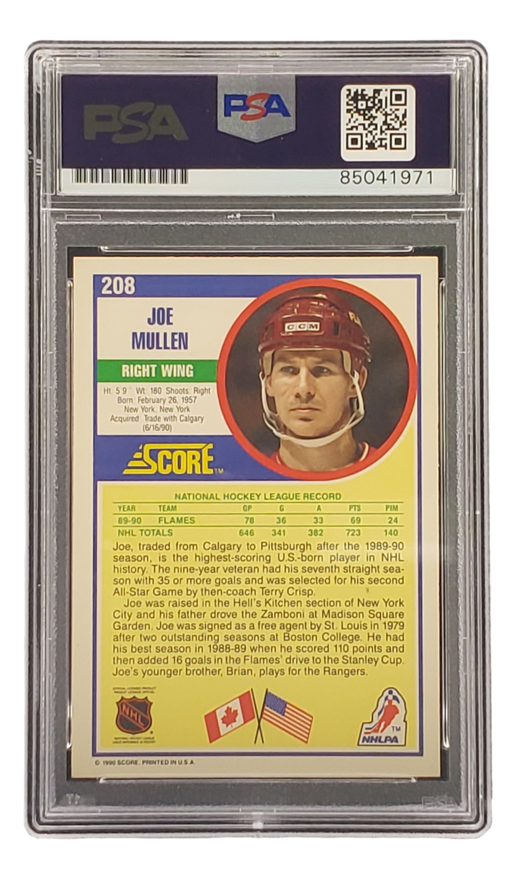Joe Mullen Autographed 1990 Score #208 Calgary Flames NHL Hockey Card - PSA/DNA Certified - Perfect for Sports Memorabilia Collections & Hockey Fan Gifts