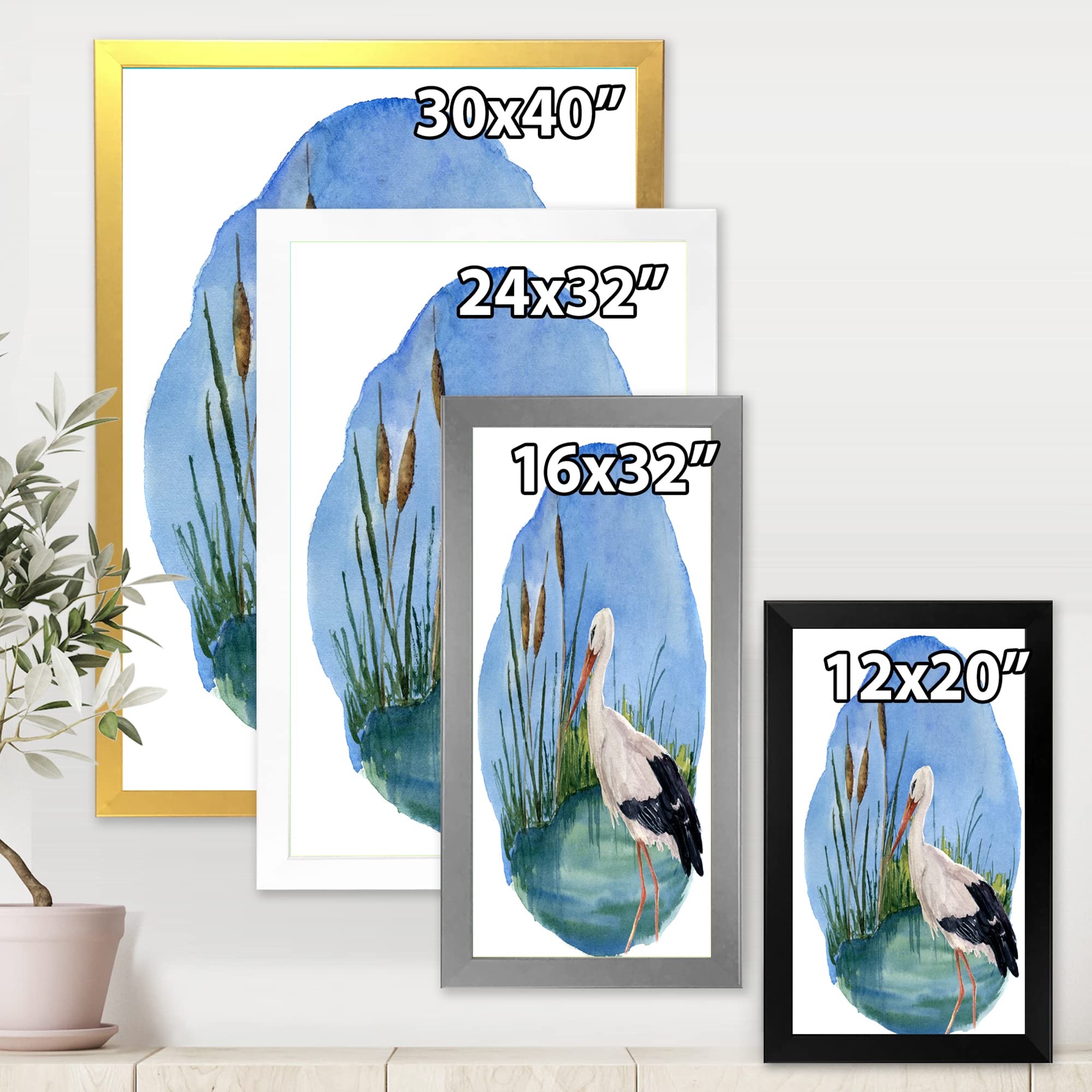 DesignQ White Stork On The Swamp Traditional Framed Wall Art - Nature Inspired Home Decor for Living Room, Bedroom & Office