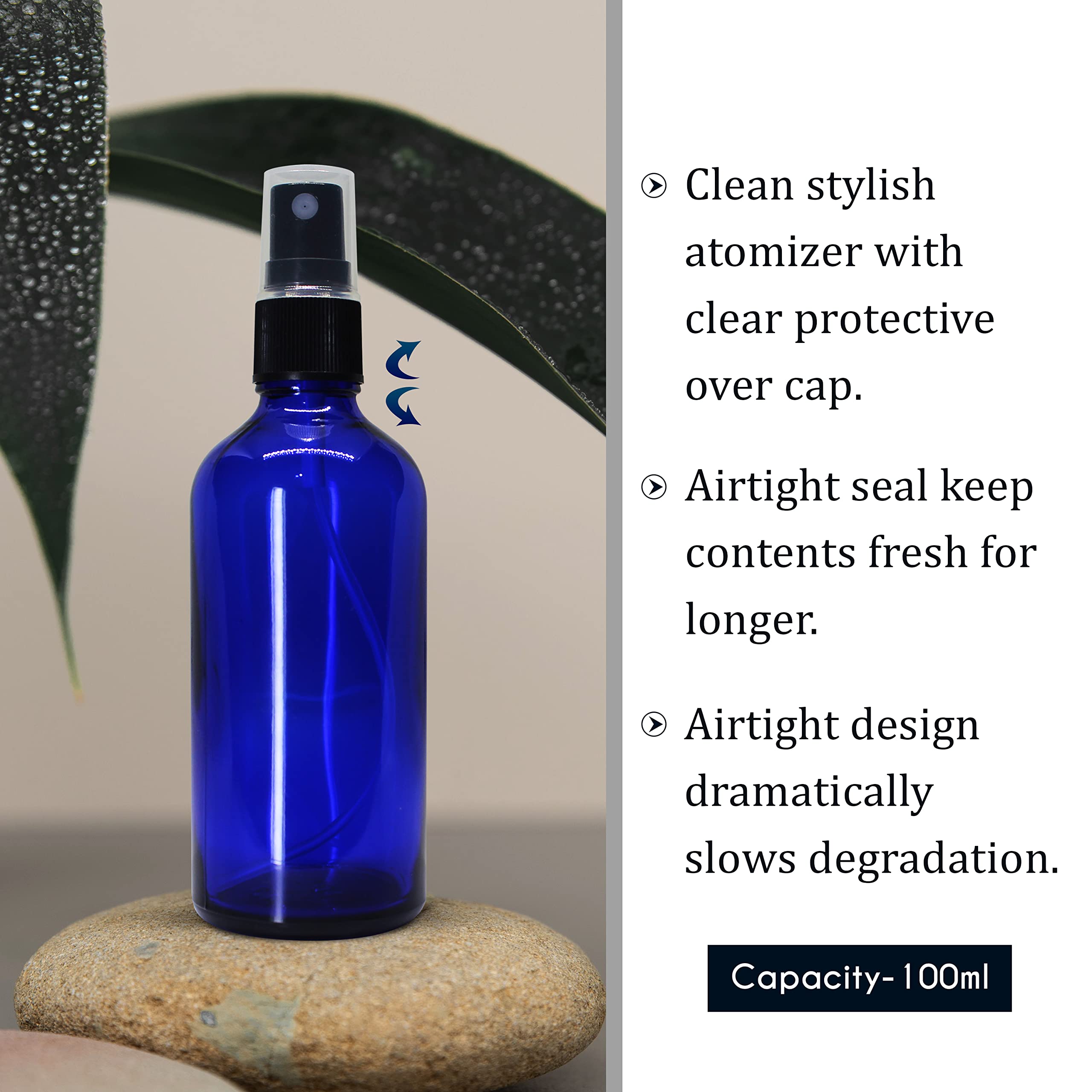 Refillable 100ml Blue Glass Fine Mist Spray Bottle with Leak-Proof Pump - Perfect for DIY Perfume, Essential Oils, Aromatherapy Blends, Facial Mists & Beauty Products | Travel-Friendly, Home & Salon Use (Pack of 1)