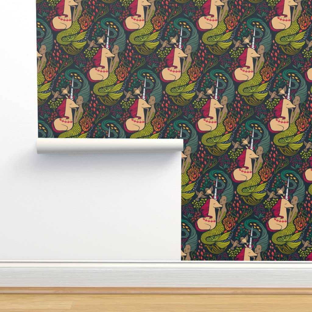 12ft x 2ft Removable Peel & Stick Wallpaper - Mermaid Unicorn Mythical Design for Girls' Bedroom Decor | Colorful Magic Themed Custom Wallpaper by Spoonflower | Perfect for Nursery, Kids Room & DIY Home Decor