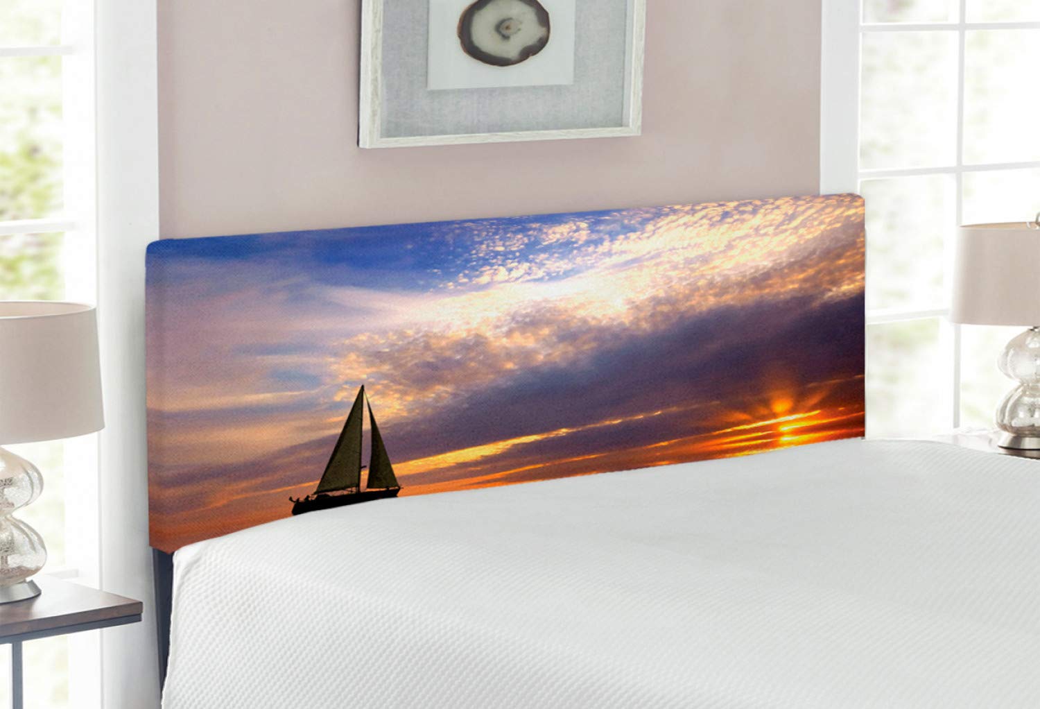 Ambesonne Sailboat Upholstered Headboard - Full Size Decorative Metal Bed Headboard with Memory Foam, Sunset Sailing Design in Marigold Blue-Grey | Perfect for Bedroom Decor, Romantic Honeymoon Theme & Nautical Coastal Style