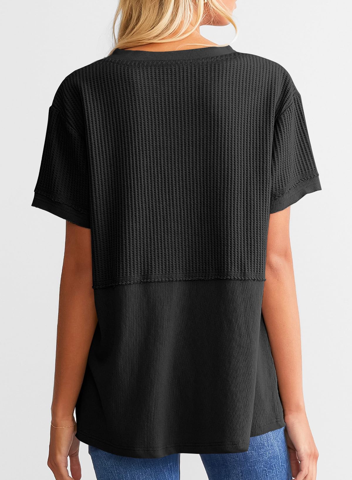 SHEWIN Women's Casual V-Neck Waffle Knit Short Sleeve T-Shirt - Loose Fit Blouse for Summer, Spring & Fall | Perfect for Work, Travel & Everyday Wear