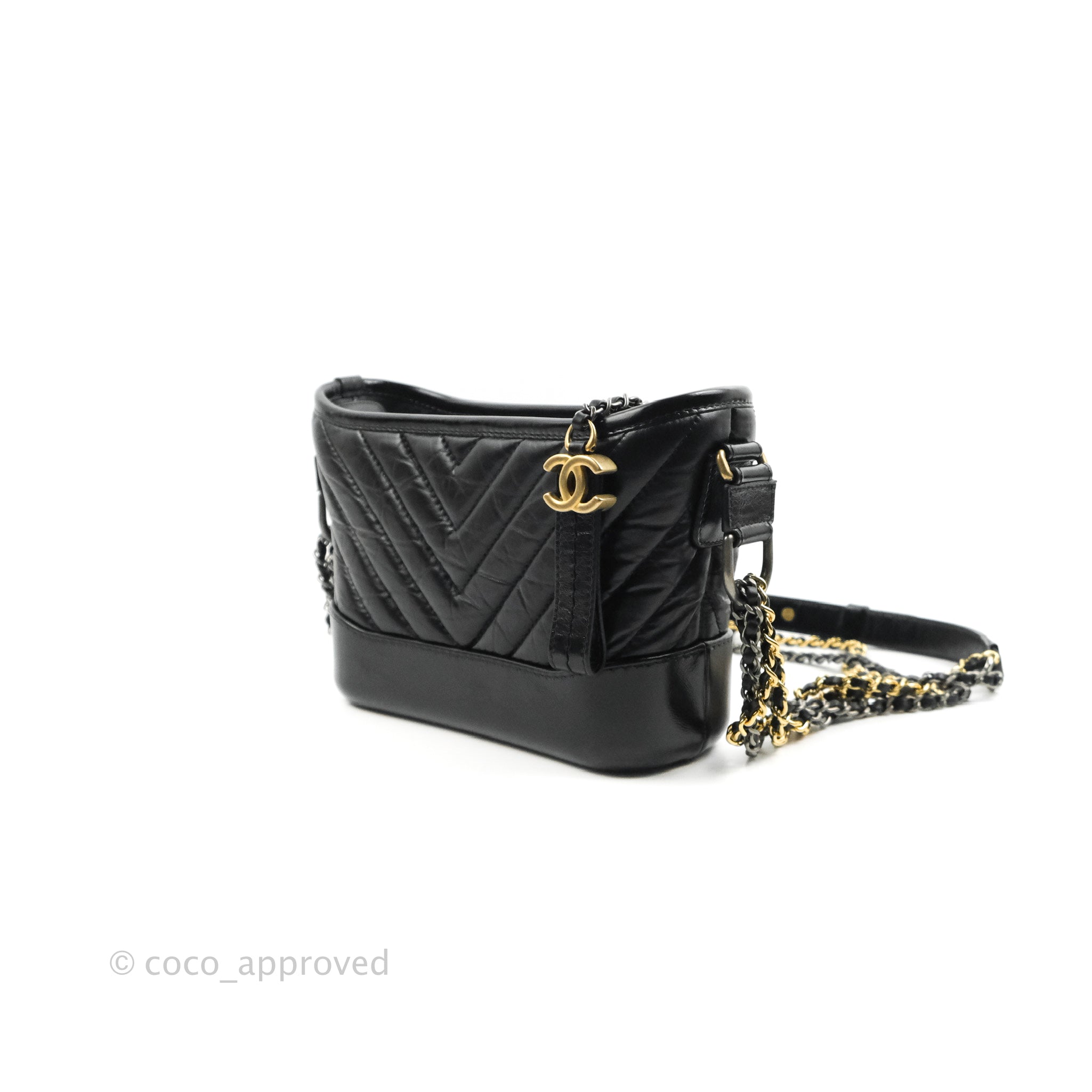 Chanel Small Gabrielle Hobo Bag in Black Calfskin with Chevron Pattern & Mixed Hardware - Perfect for Everyday Use, Work & Special Occasions