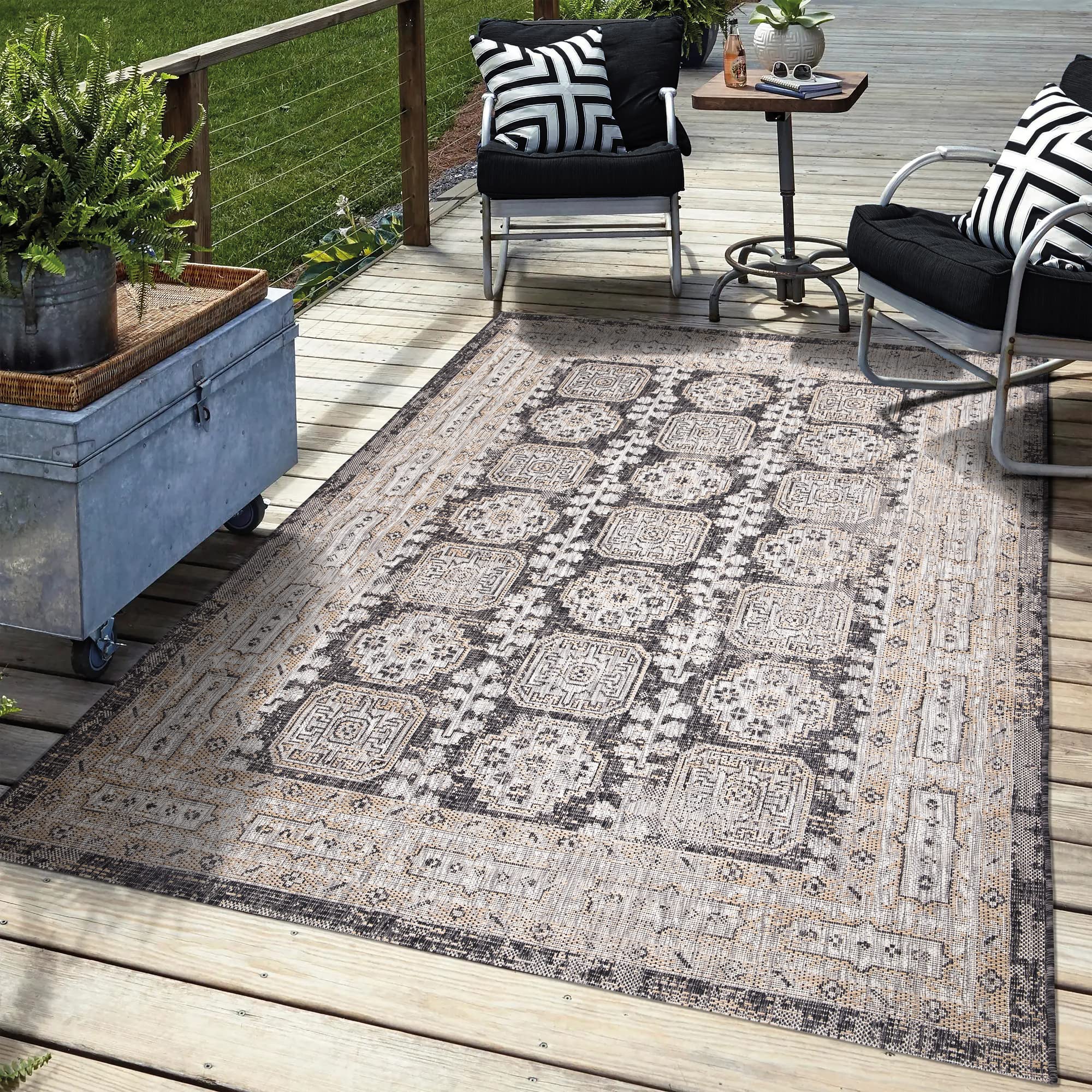 Modern Washable Indoor Outdoor Rug 5x8 - Non-Slip Waterproof Patio Rug for Garden, Deck, Balcony, Porch & Beach - Easy Clean Durable Floor Mat for Kitchen, Living Room & Backyard - 5'3
