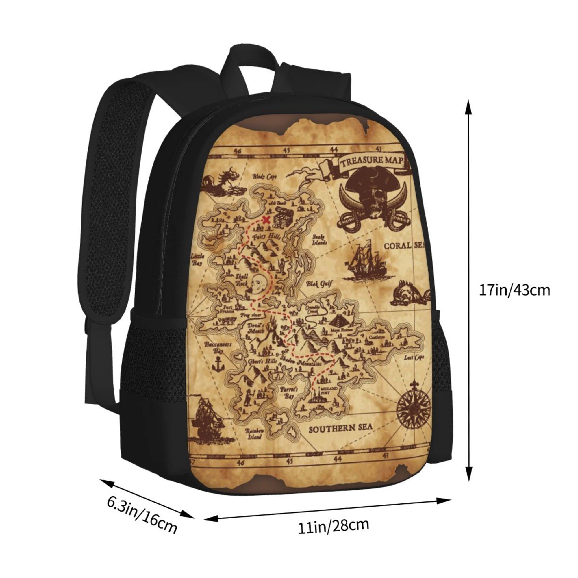 17 Inch Large Capacity Laptop Backpack with Side Pockets - Pirate Treasure Map Design Funny Travel Daypack for School, Work & Outdoor Adventures - Durable Cartoon Bookbag Rucksack for Men & Women